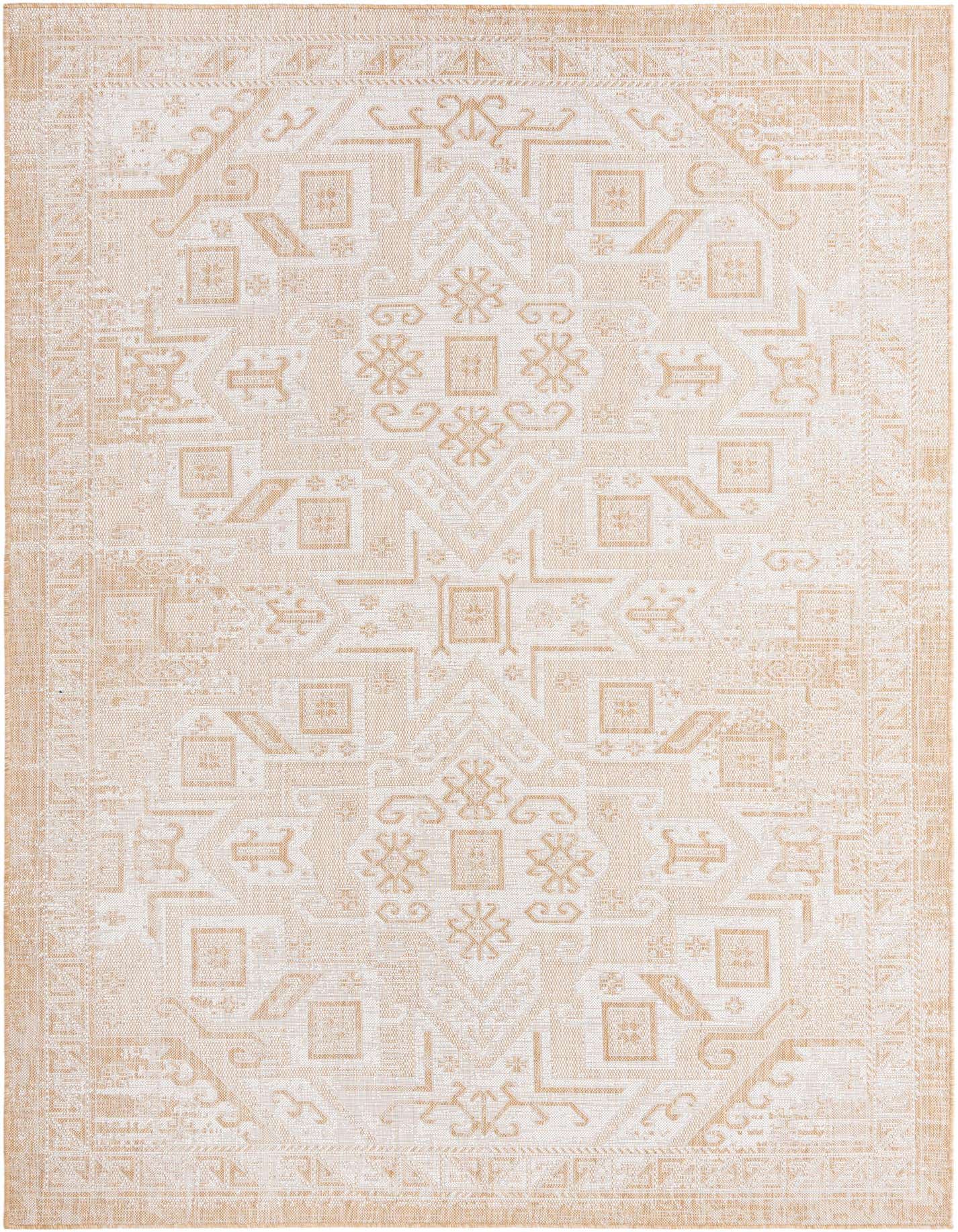 A 7x10 rectangular flatweave rug with a Southwestern tribal pattern in shades of brown, tan, and cream.