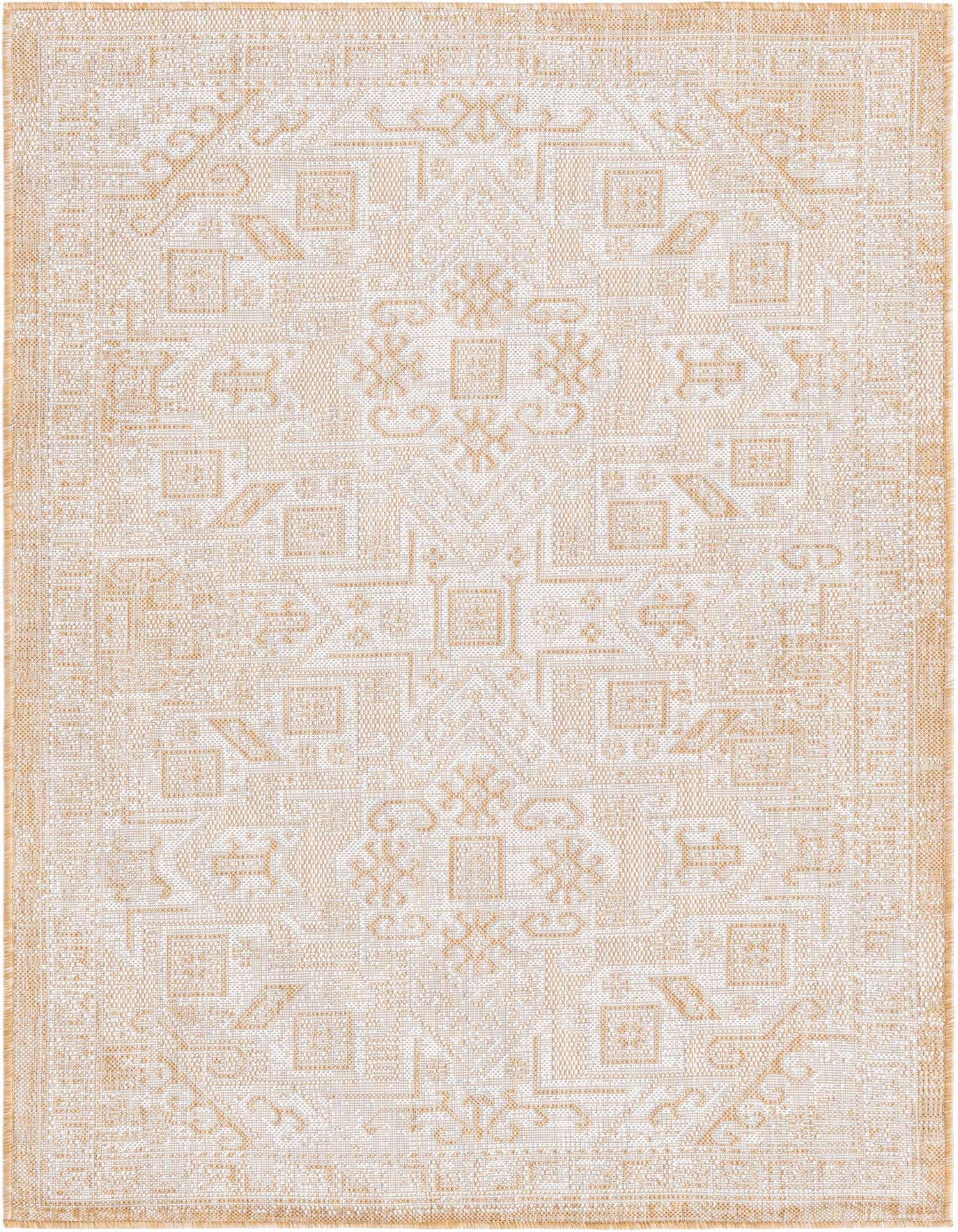 A 4x6 rectangular indoor/outdoor rug featuring a Southwestern geometric pattern in brown and ivory tones.