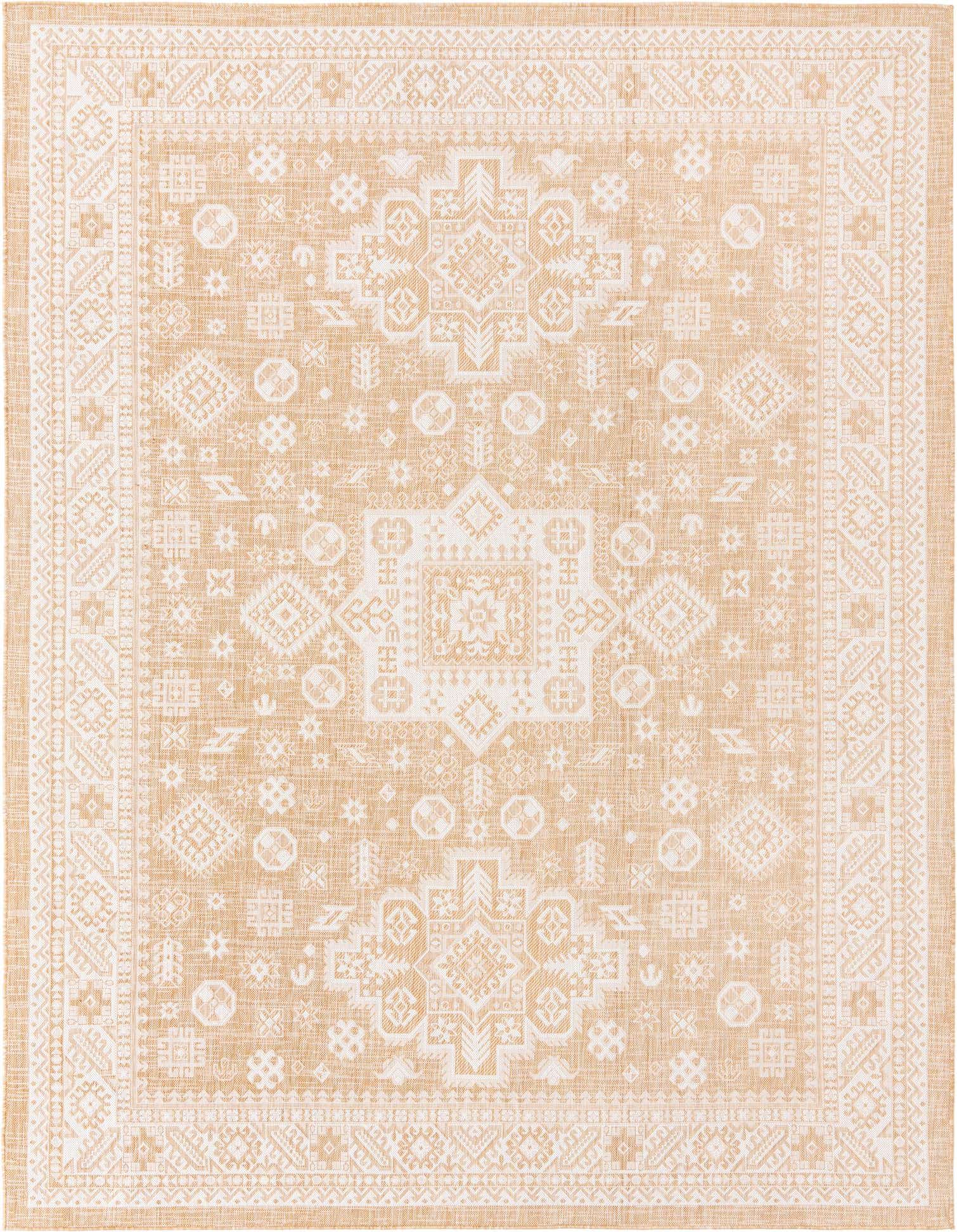A 9x12 rectangular brown and ivory Southwestern flatweave rug with a tribal geometric pattern, suitable for indoor or outdoor use.