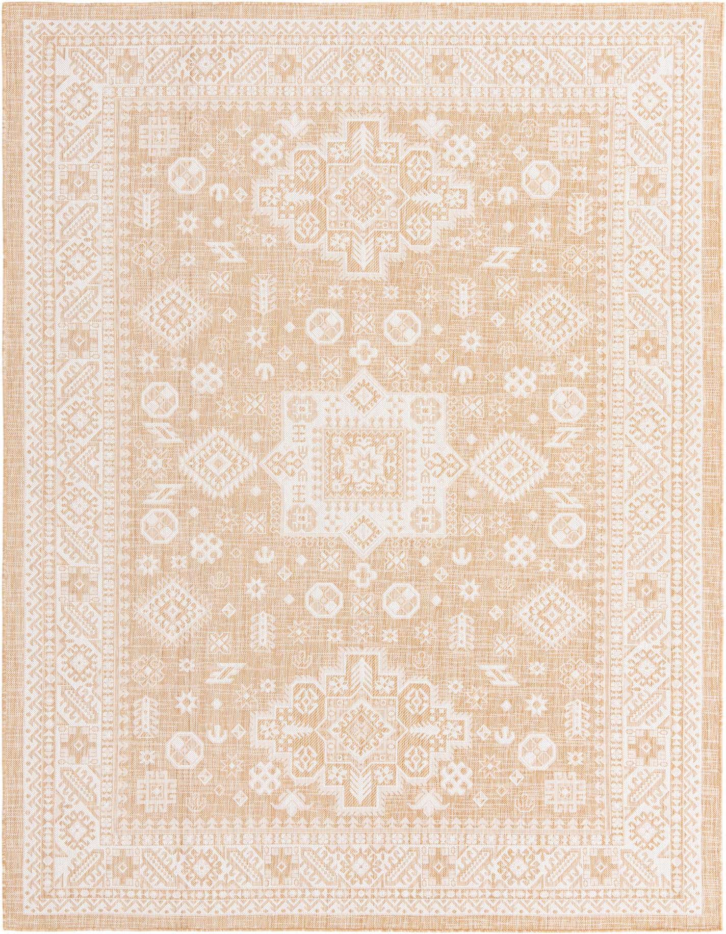 An 8x11 rectangular indoor/outdoor rug featuring a tan background with an ivory Southwestern tribal pattern and border.