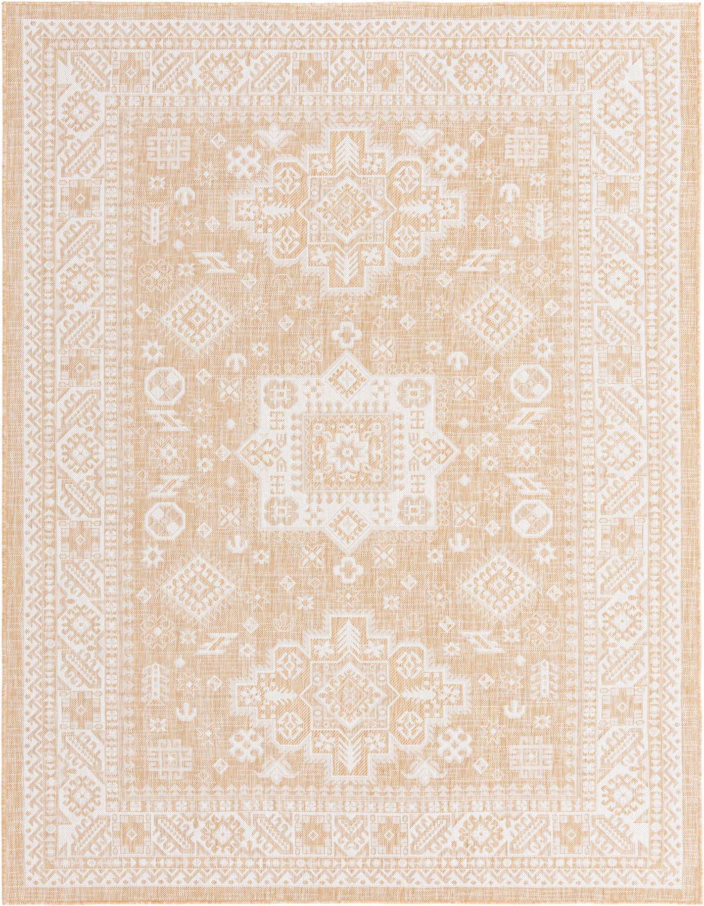 A 7x10 rectangular Rugs.com Outdoor Aztec rug in shades of brown and ivory, featuring a Southwestern tribal pattern with a central medallion and border, suitable for indoor/outdoor use.