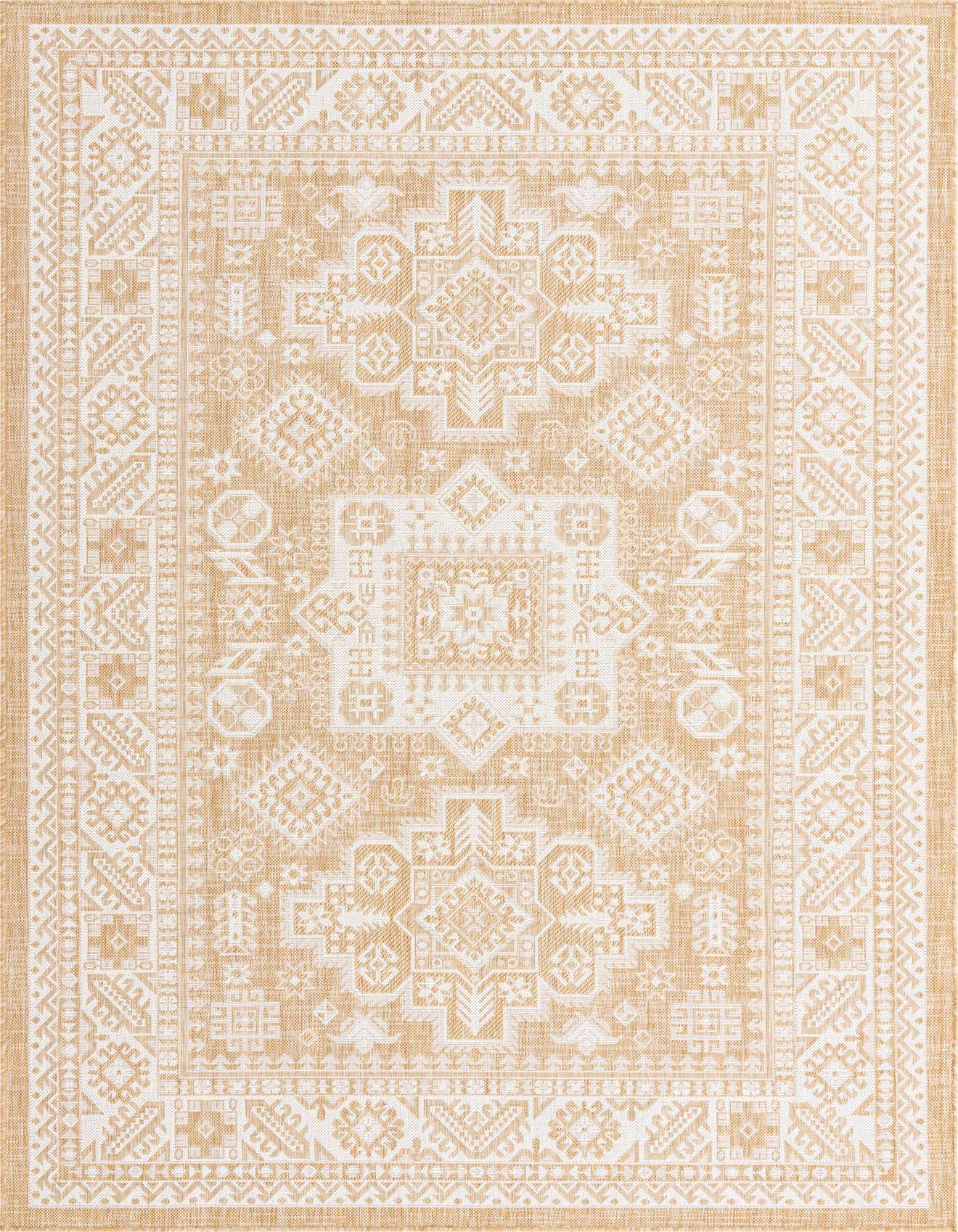 A 6x9 rectangular Rugs.com Outdoor Aztec rug in tan and ivory with a Southwestern tribal pattern, suitable for indoor or outdoor spaces.
