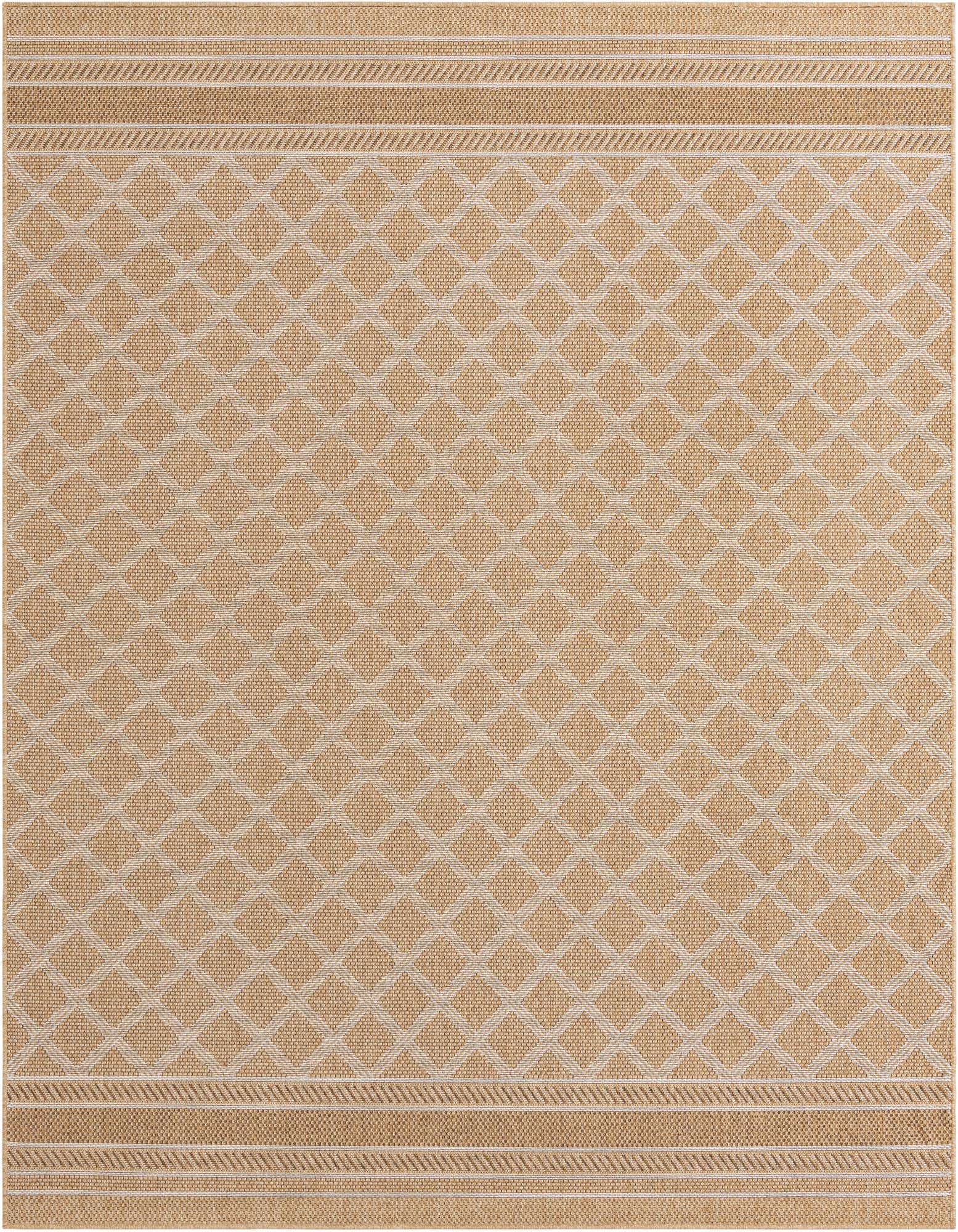 A rectangular 8x10 brown and ivory flatweave rug with a modern lattice pattern and striped border.