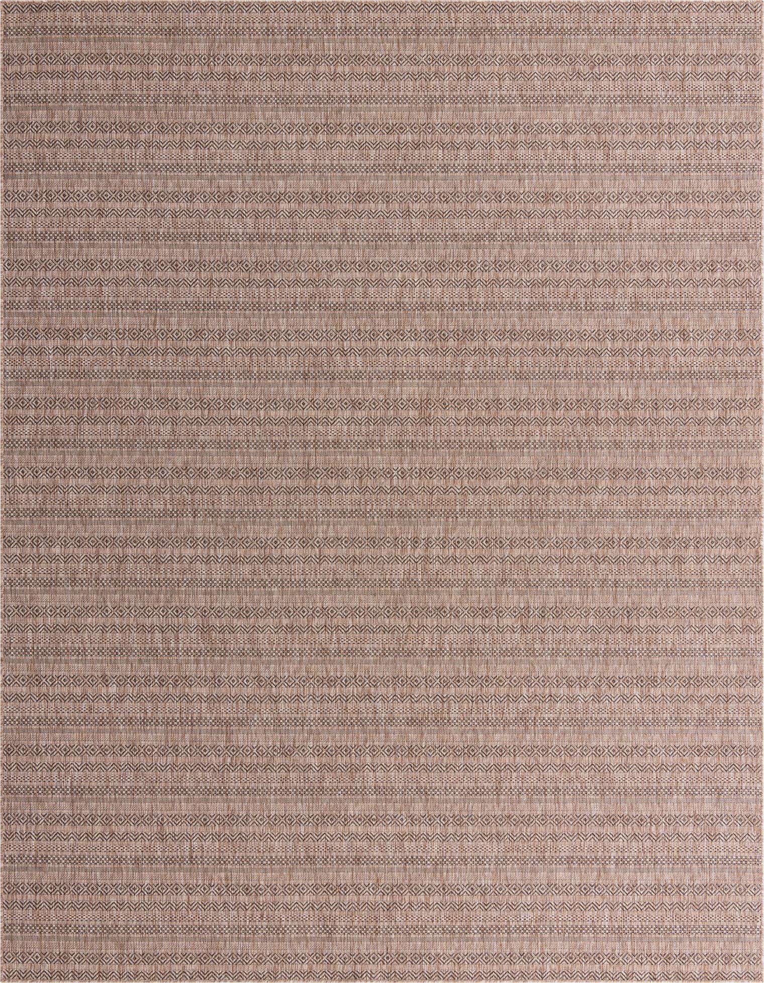 A 10x13 rectangular indoor/outdoor rug featuring a flatweave tribal pattern in various shades of brown and tan.