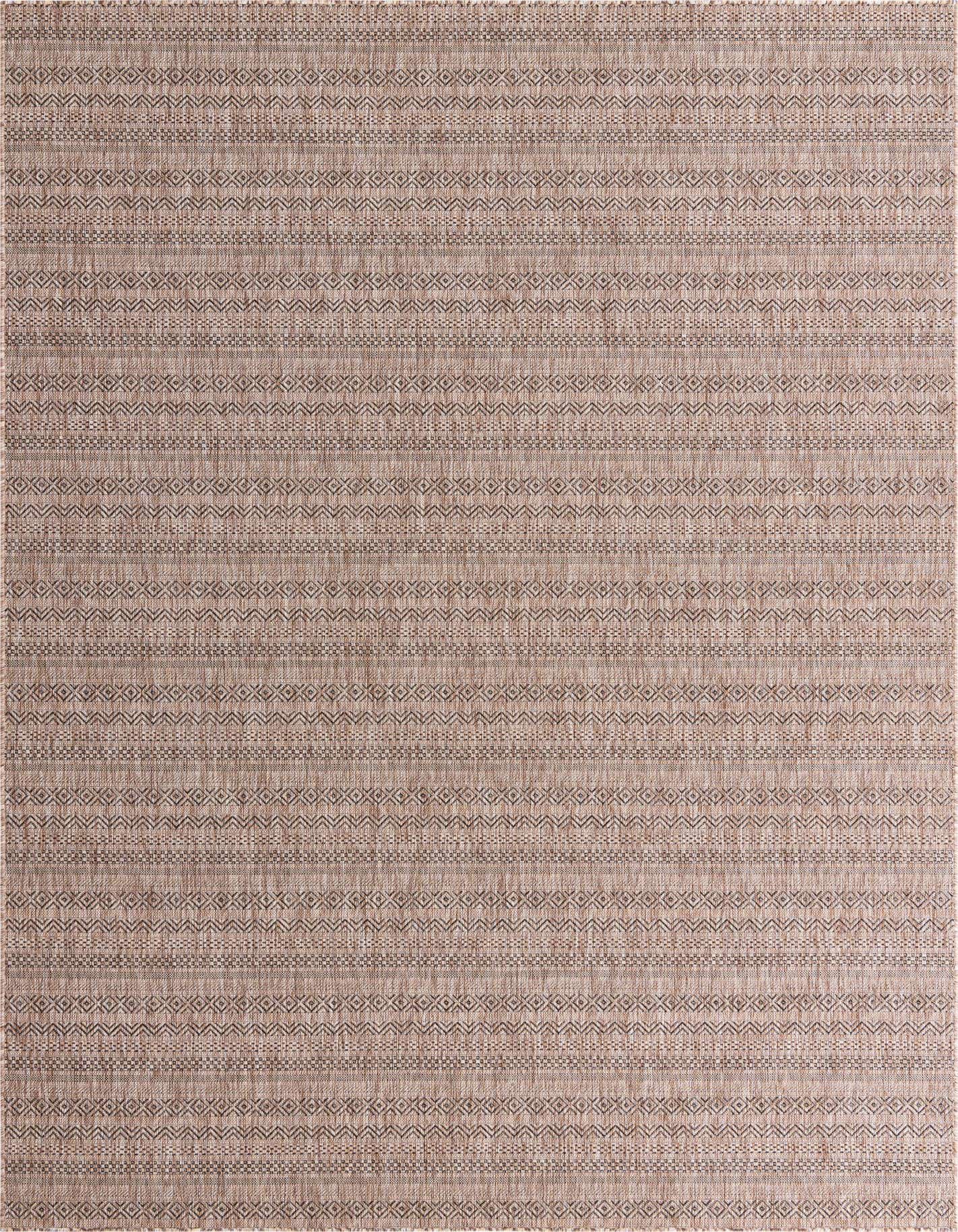 A rectangular 8x11 brown and tan tribal patterned indoor/outdoor rug with a flatweave texture, suitable for a patio or living room.