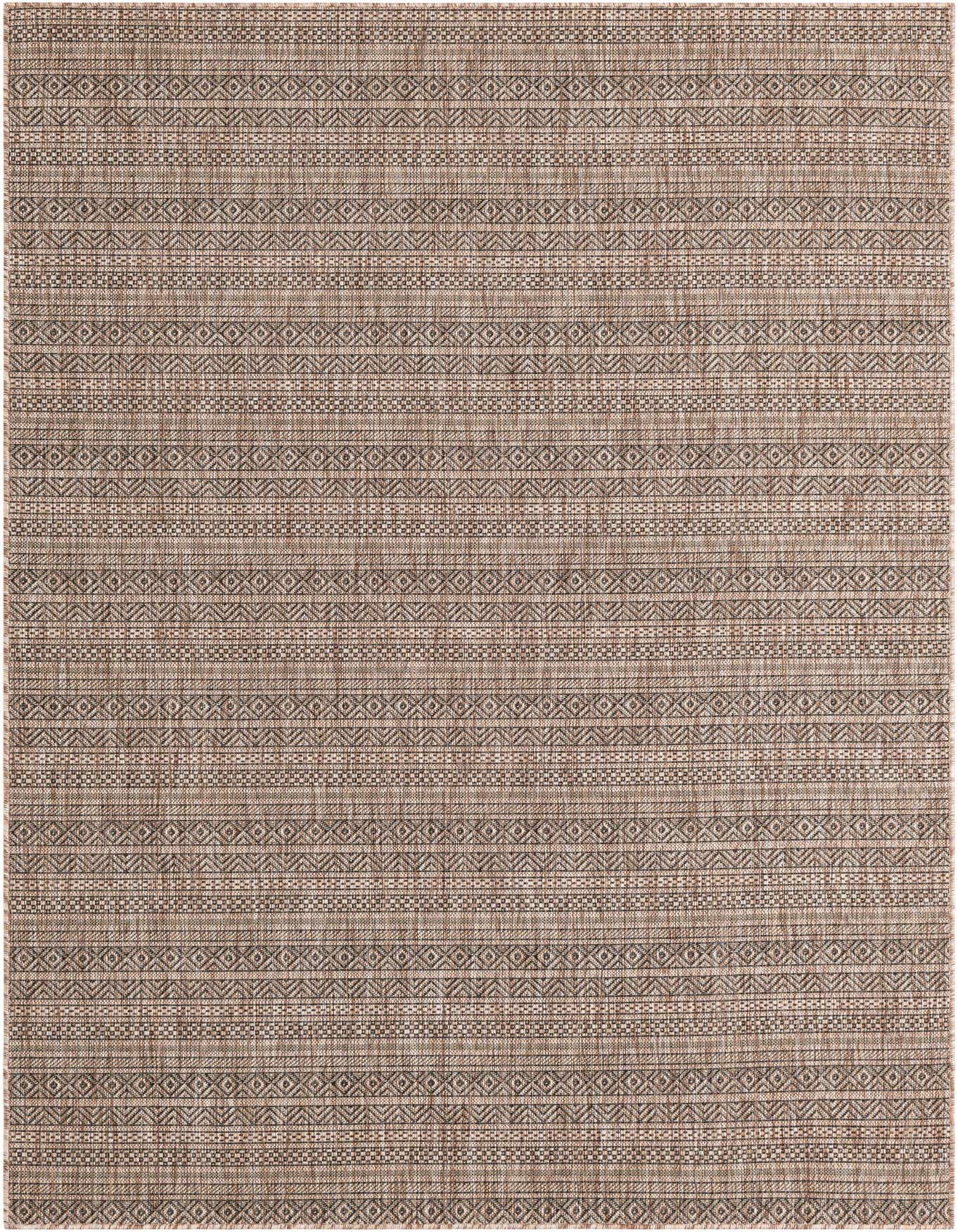 A 6x9 rectangular brown and ivory tribal patterned flatweave rug, suitable for indoor or outdoor use.