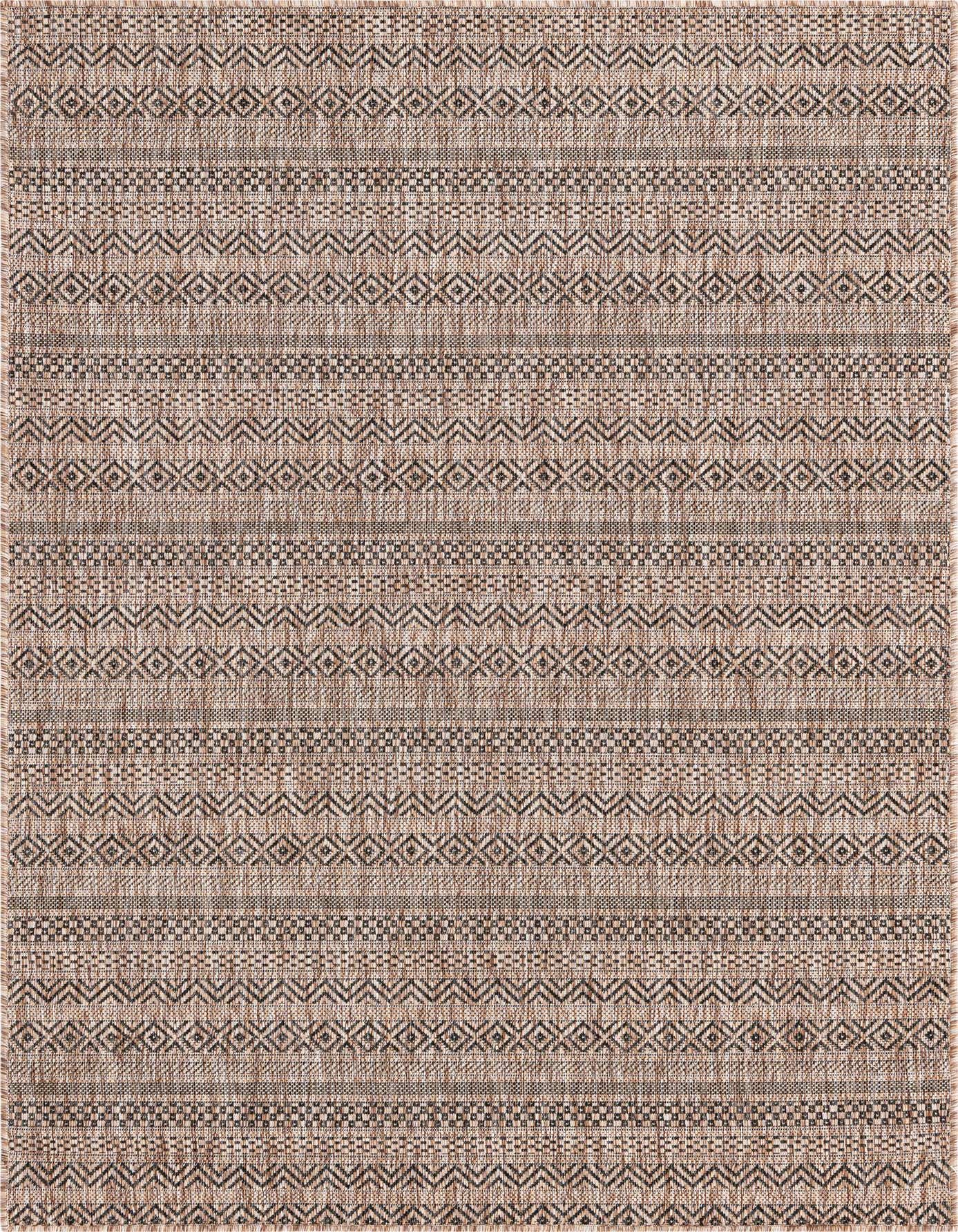 A 4x6 rectangular brown and ivory flatweave rug with a textured tribal pattern, suitable for indoor or outdoor use.