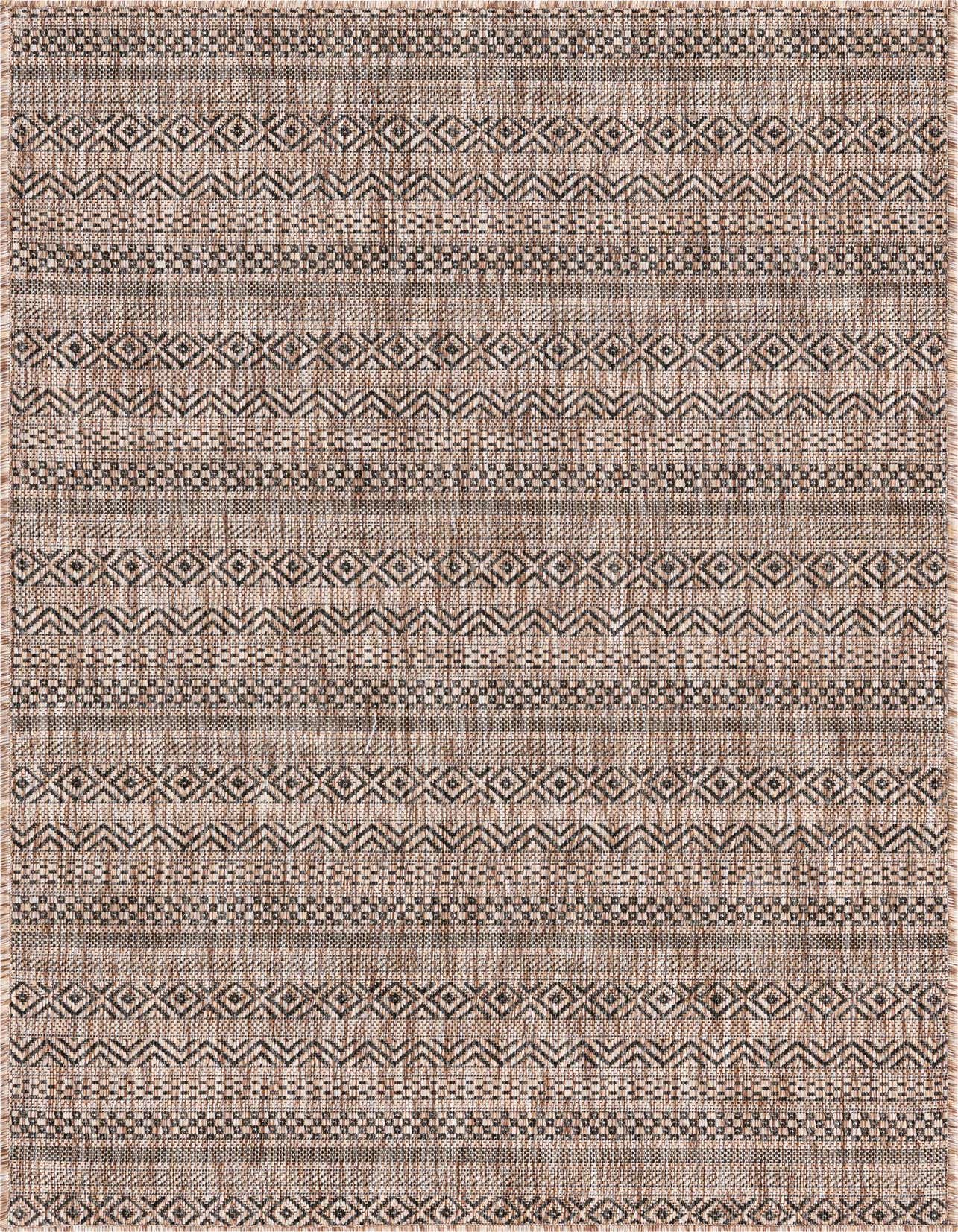 A 3x5 rectangular indoor/outdoor rug featuring a tribal pattern in shades of brown, tan, and cream.