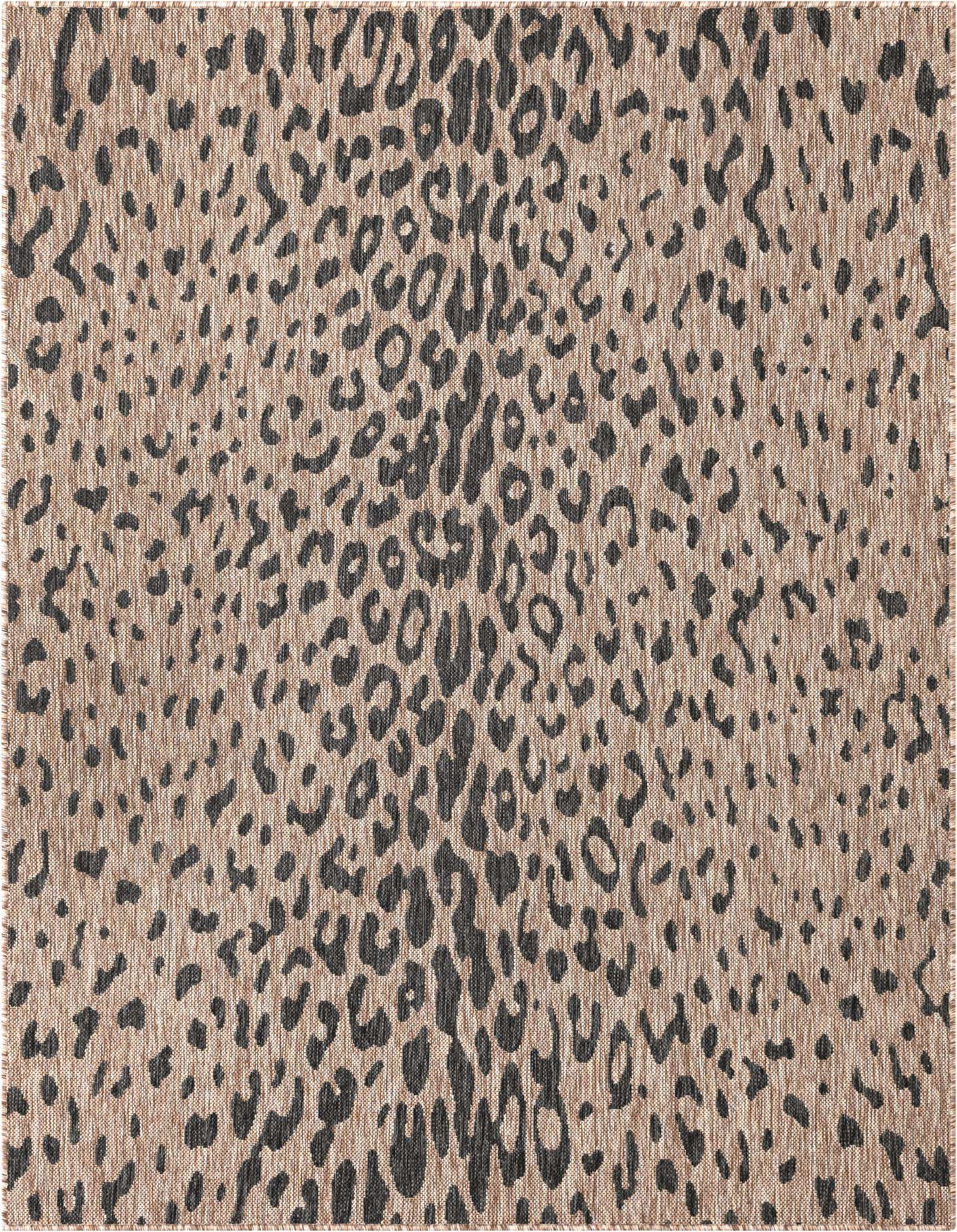A 5x7 rectangular indoor/outdoor rug featuring a modern leopard print in various brown and tan shades.