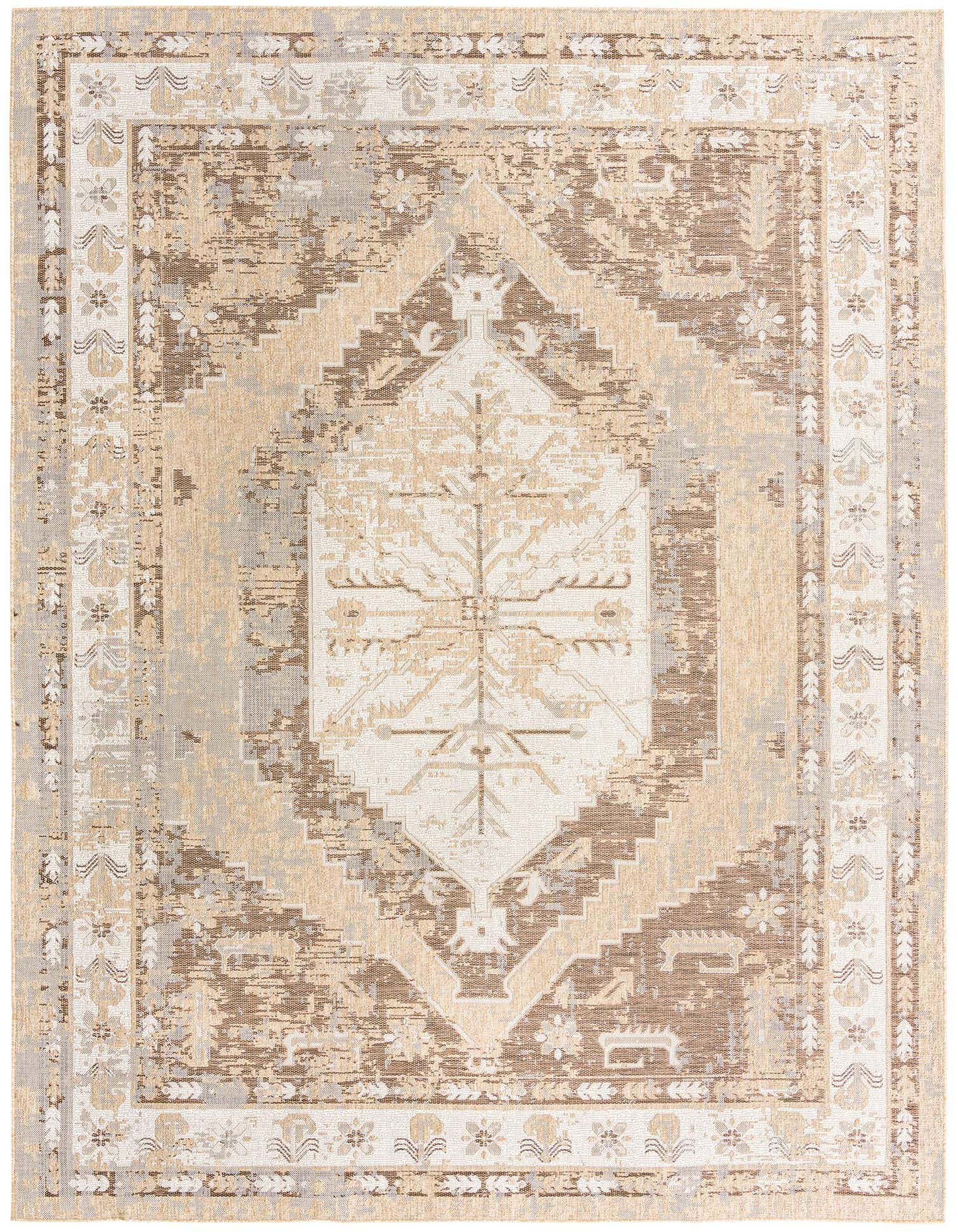 A 10x13 rectangular Rugs.com Outdoor Traditional rug featuring a distressed Southwestern pattern in browns, tans, and ivories.