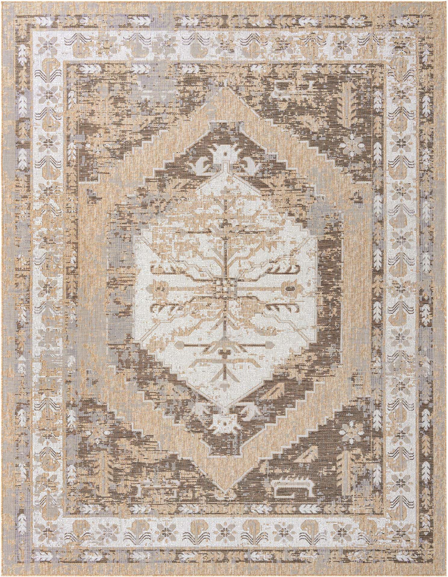 A 9x12 rectangular Southwestern rug in browns, tans, and ivories, featuring a distressed traditional medallion pattern.