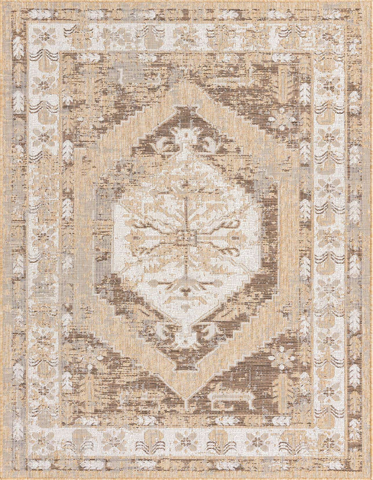 A 5x8 rectangular Southwestern rug in shades of brown, tan, and ivory, featuring a distressed traditional medallion pattern with a border.