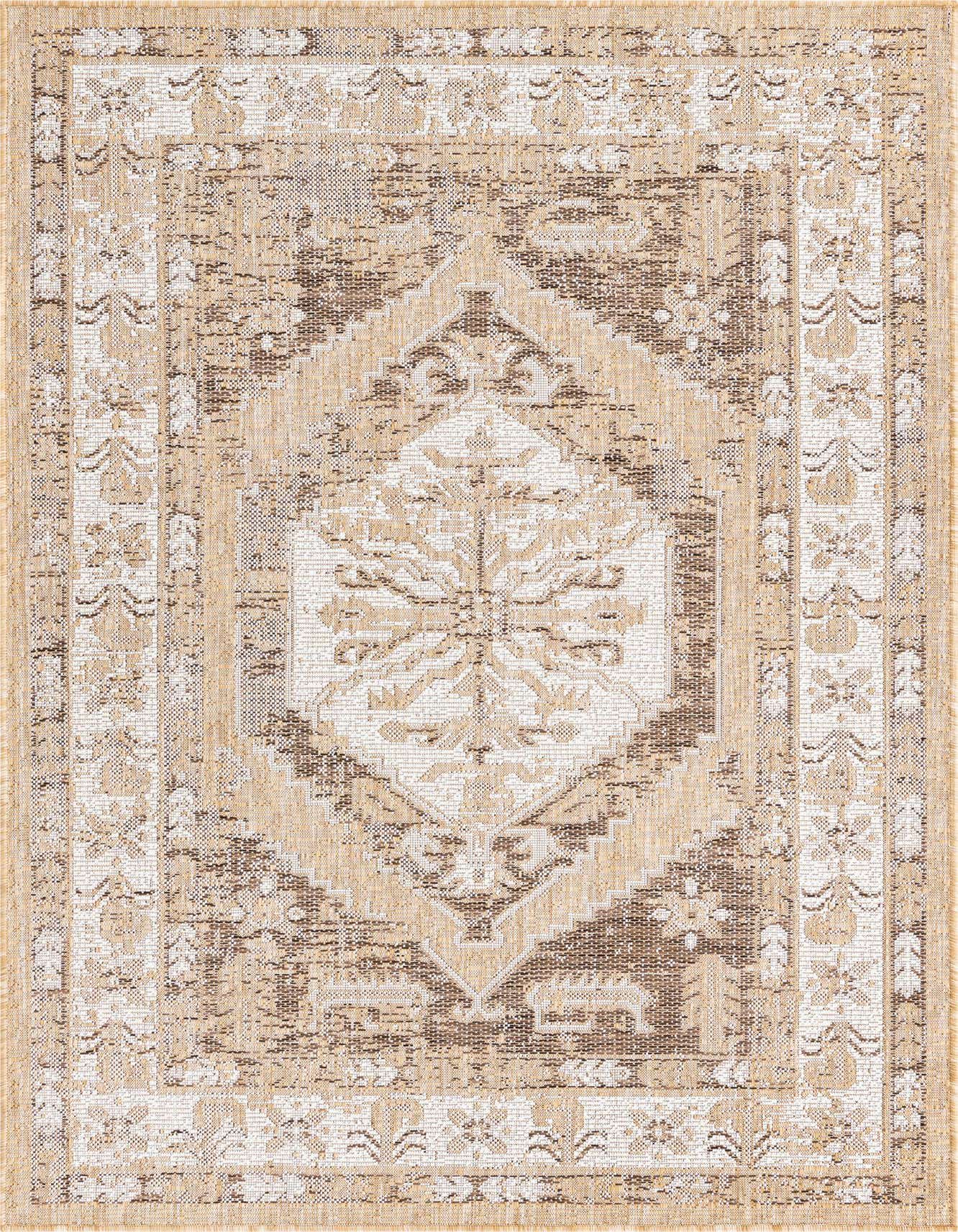 A 4x6 rectangular brown and ivory Southwestern-style flatweave rug, featuring a distressed traditional medallion pattern.