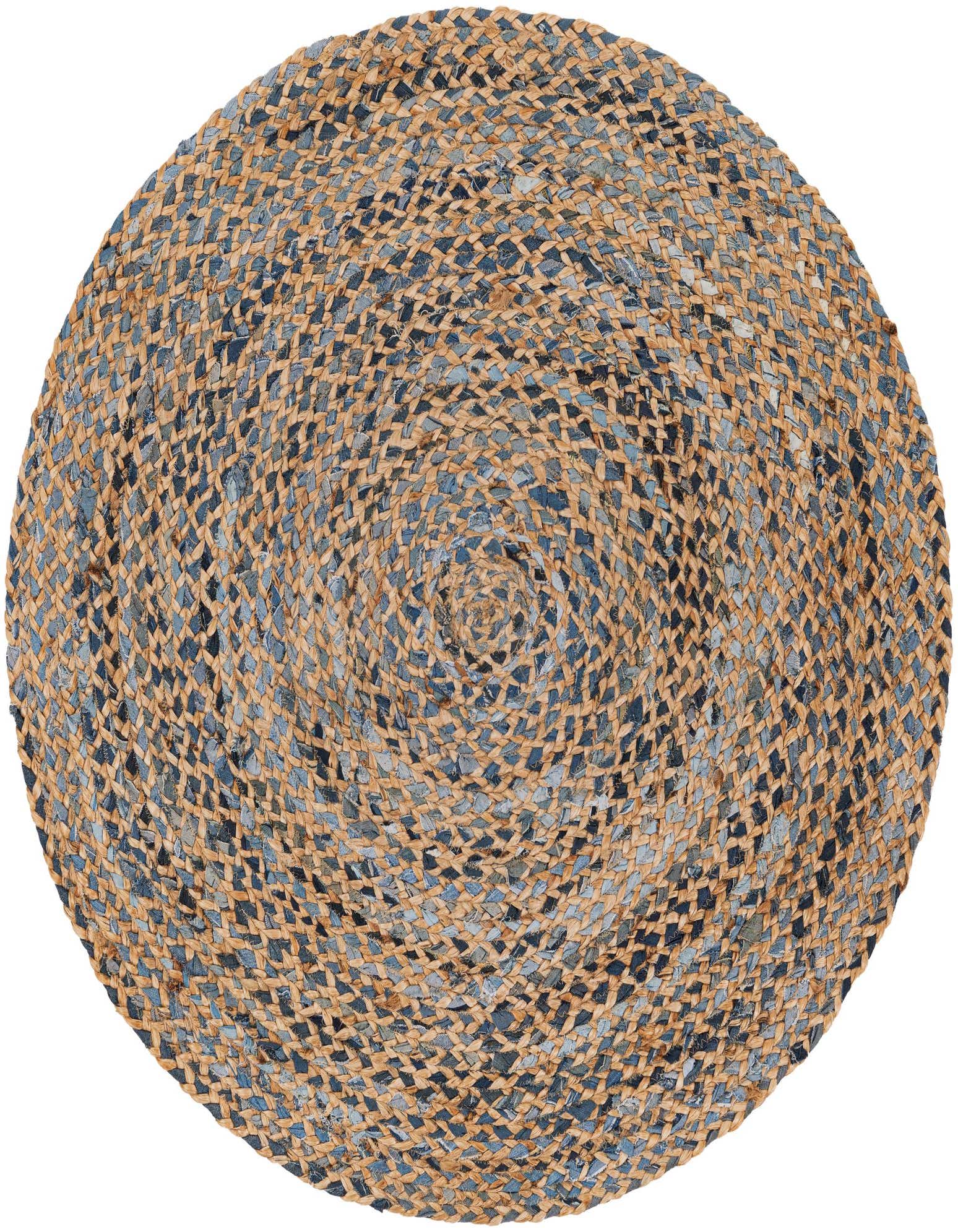 A round, braided jute and denim rug in natural brown and various shades of blue, showcasing its textured, eco-friendly design.