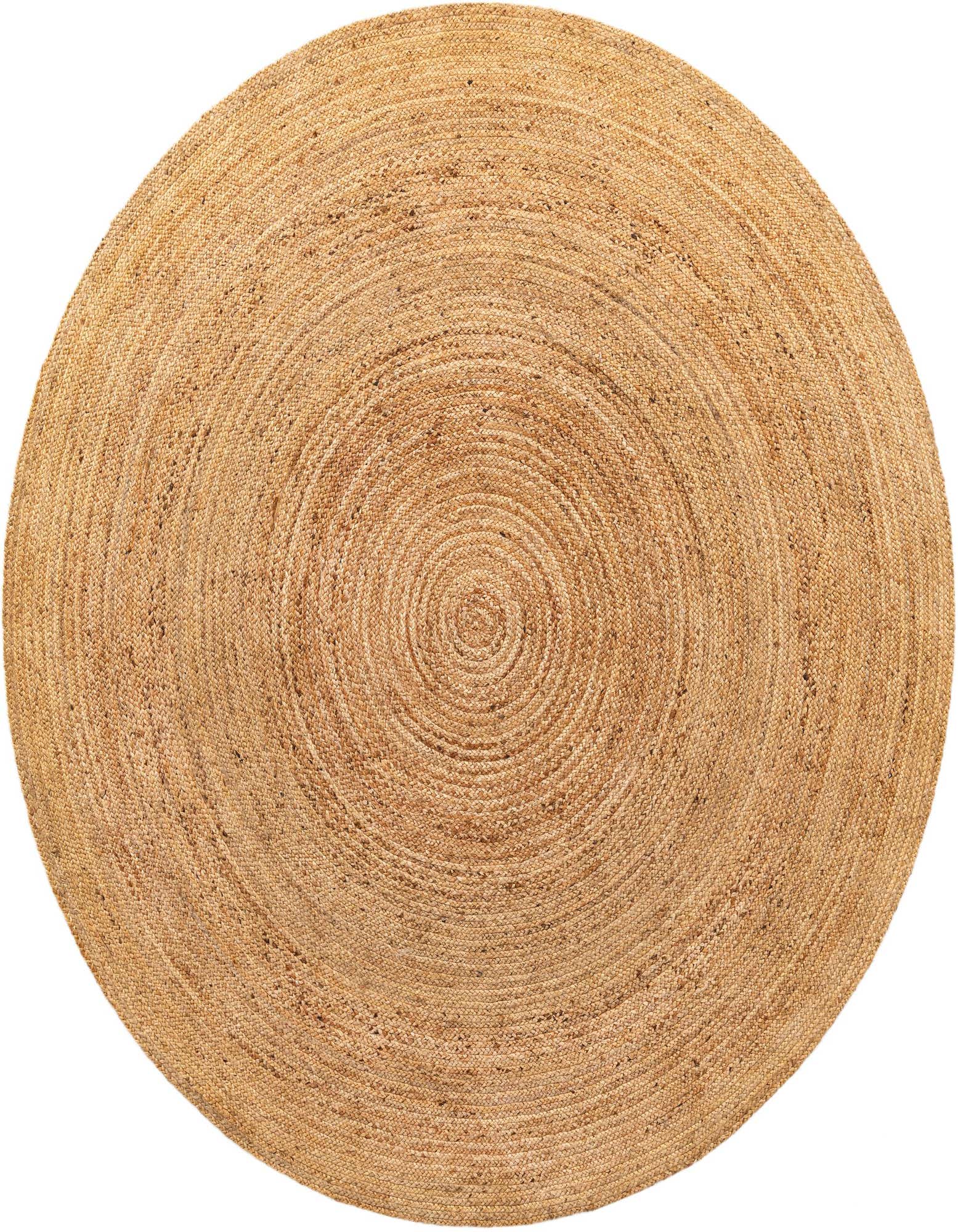 A large round 10' 2" natural jute rug in varying shades of brown and tan, featuring a concentric braided pattern.