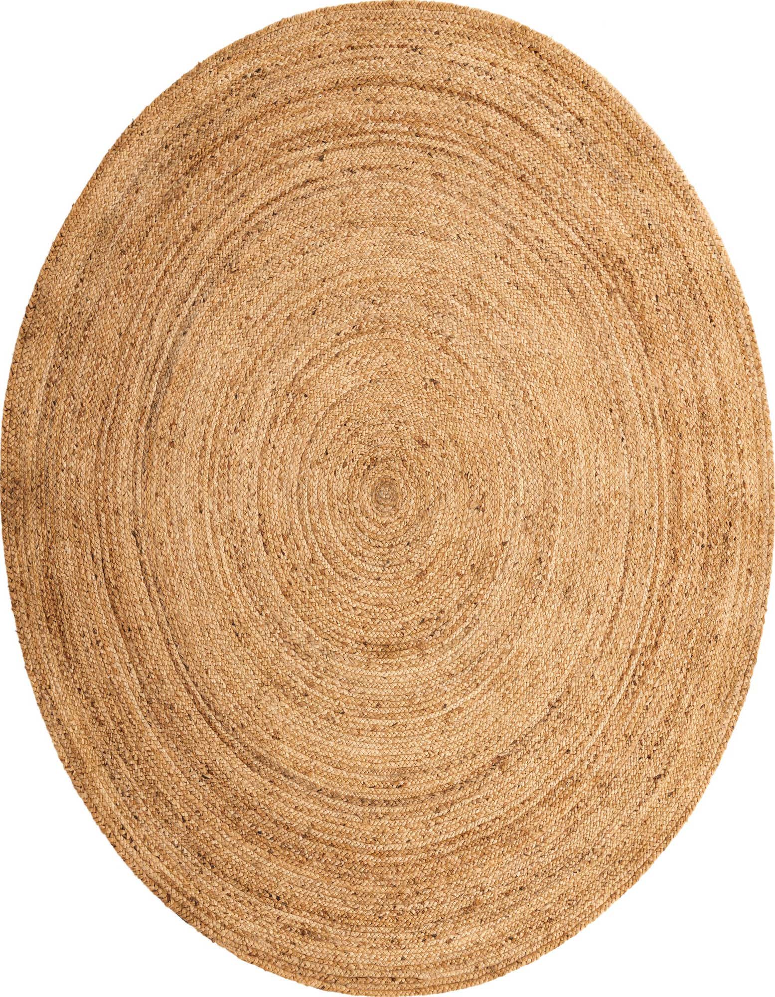A large round Braided Jute Luxe rug in natural brown and tan tones, featuring a textured, spiraling flatweave design.