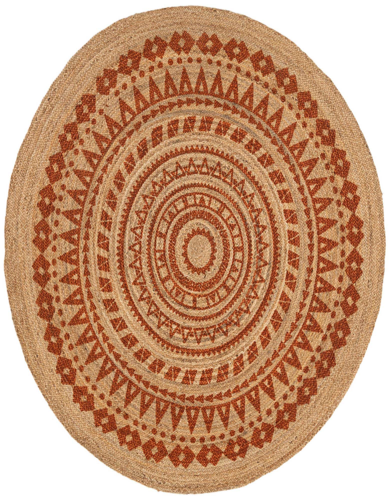 A round 7' 8" natural jute rug with concentric rings of rust-colored modern geometric patterns, suitable for a living room.