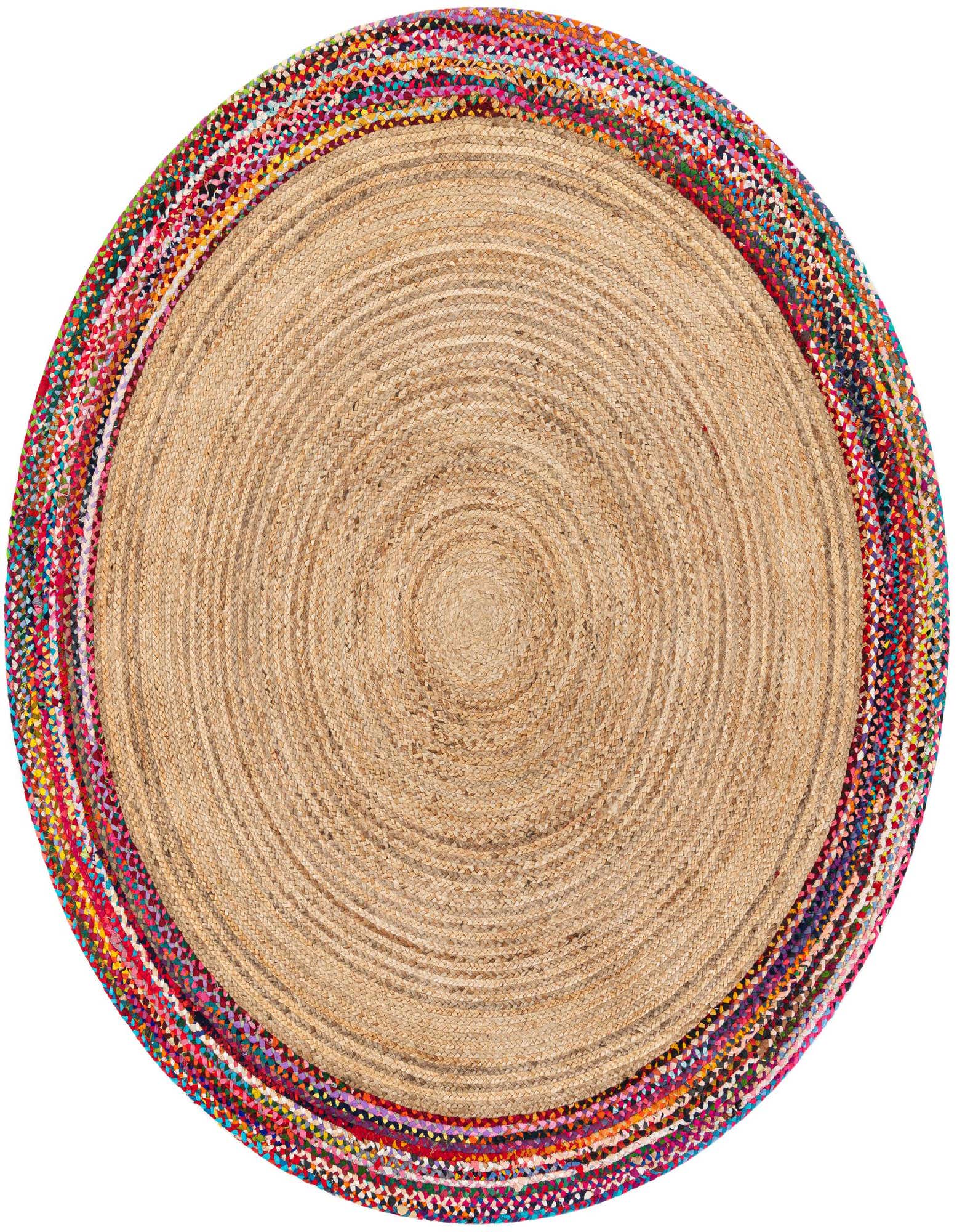 A round 8' 0 x 8' 0 natural jute rug with a vibrant, multi-colored braided cotton border, showcasing its textured, flatweave design.