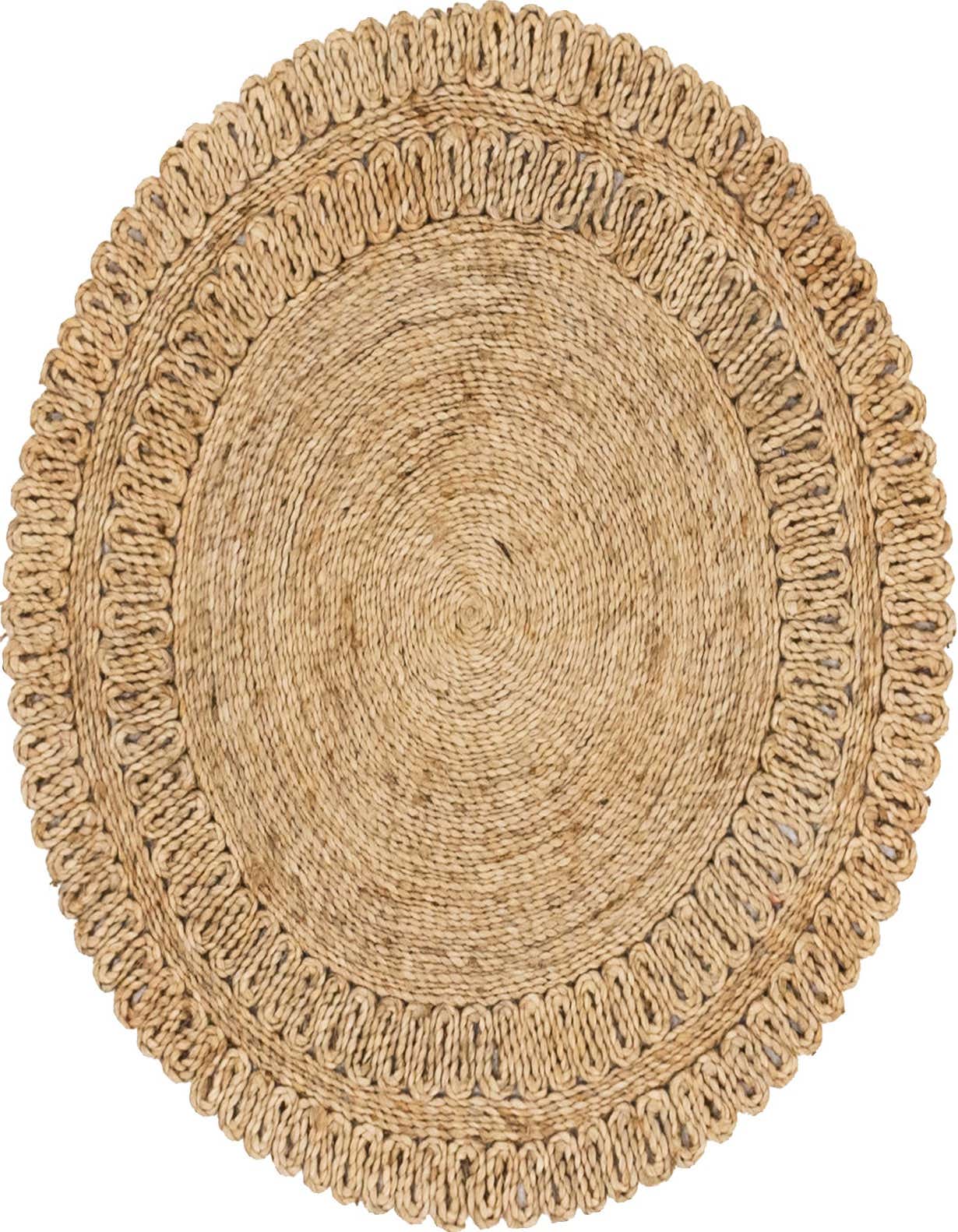 A 3' 3 round natural jute rug with a braided texture and decorative looped border, perfect for a minimalist or coastal indoor space.