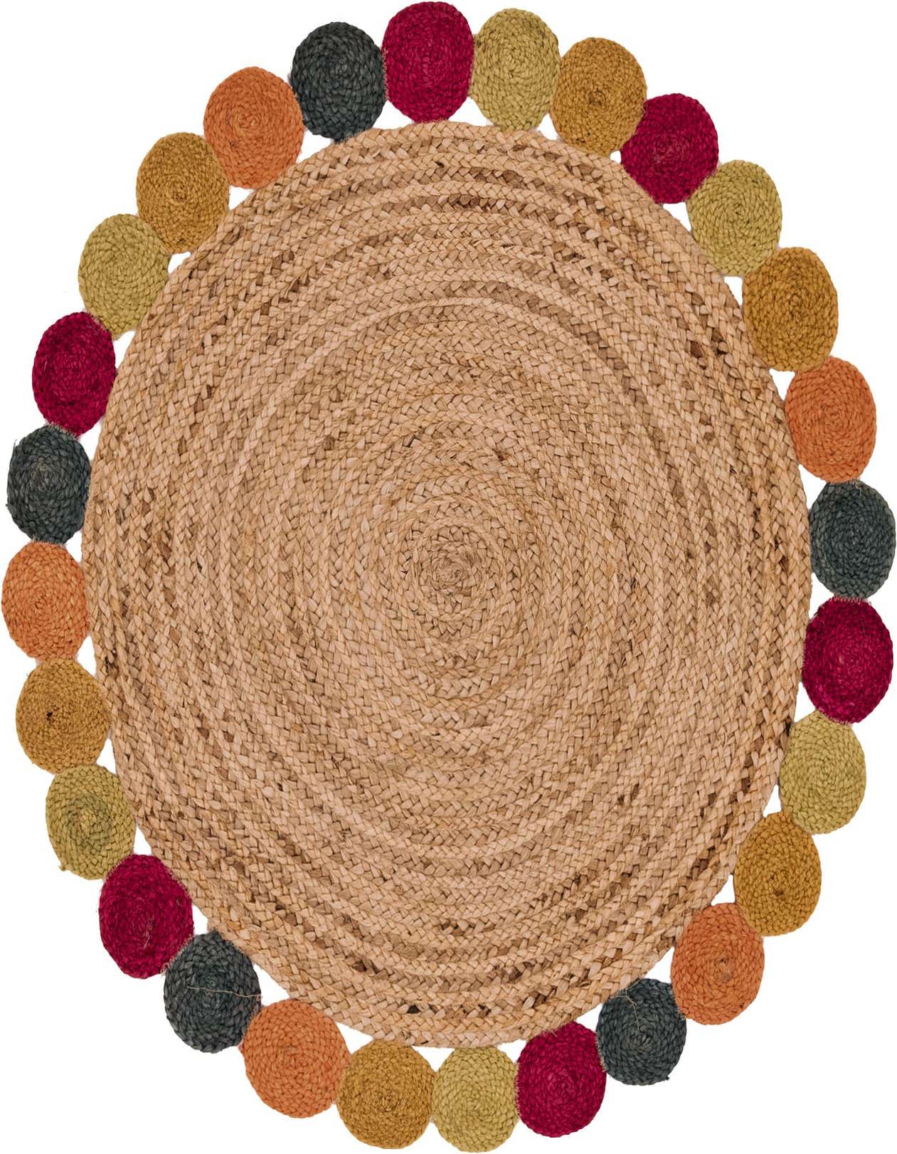A round natural jute rug with a braided texture, featuring a border of colorful pom-poms in red, orange, gold, green, and dark gray.