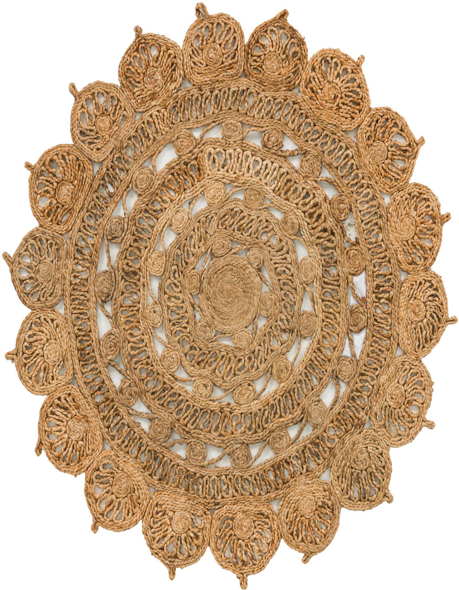 A round, natural jute rug with a textured, braided floral pattern in shades of brown and tan.