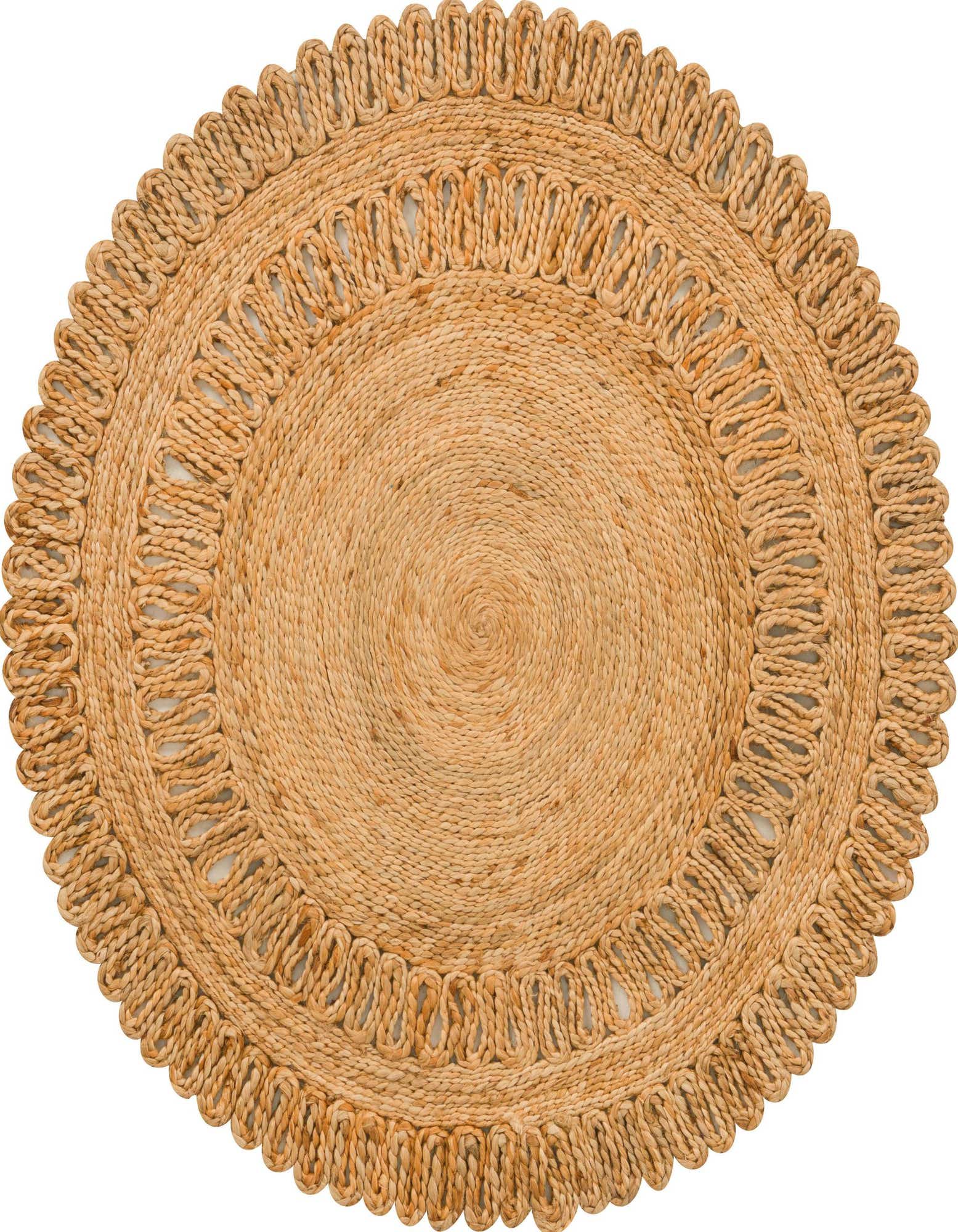 A round, braided jute rug in natural brown and tan tones with a textured, scalloped edge design.