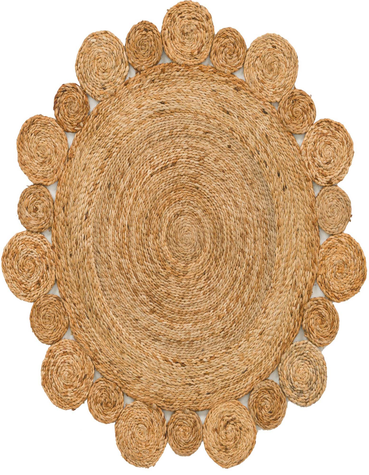 A 3' 1 x 3' 1 round natural jute rug with a central braided spiral and a unique scalloped edge made of smaller braided circles.