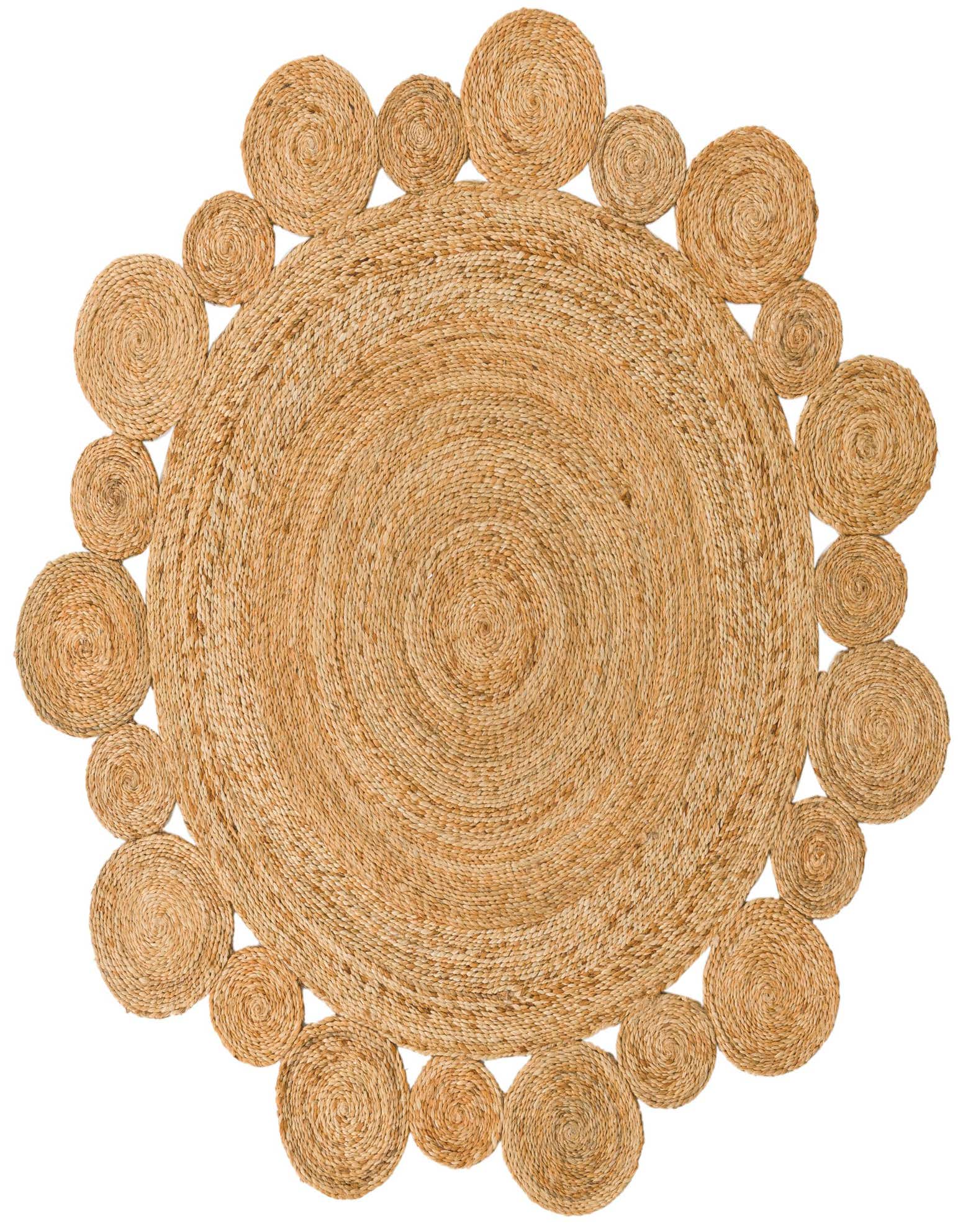 A 5' 1 round jute area rug with a natural brown and tan braided texture, featuring a unique scalloped edge of smaller woven circles.