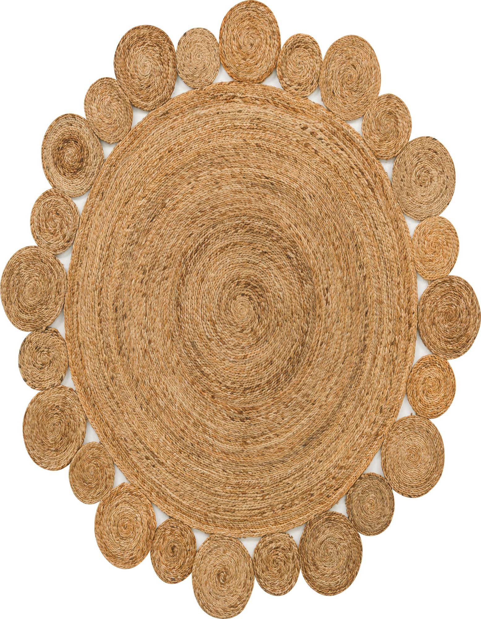 A 6' 1" round jute rug with a natural tan and brown braided texture, featuring a unique scalloped edge of smaller woven circles.