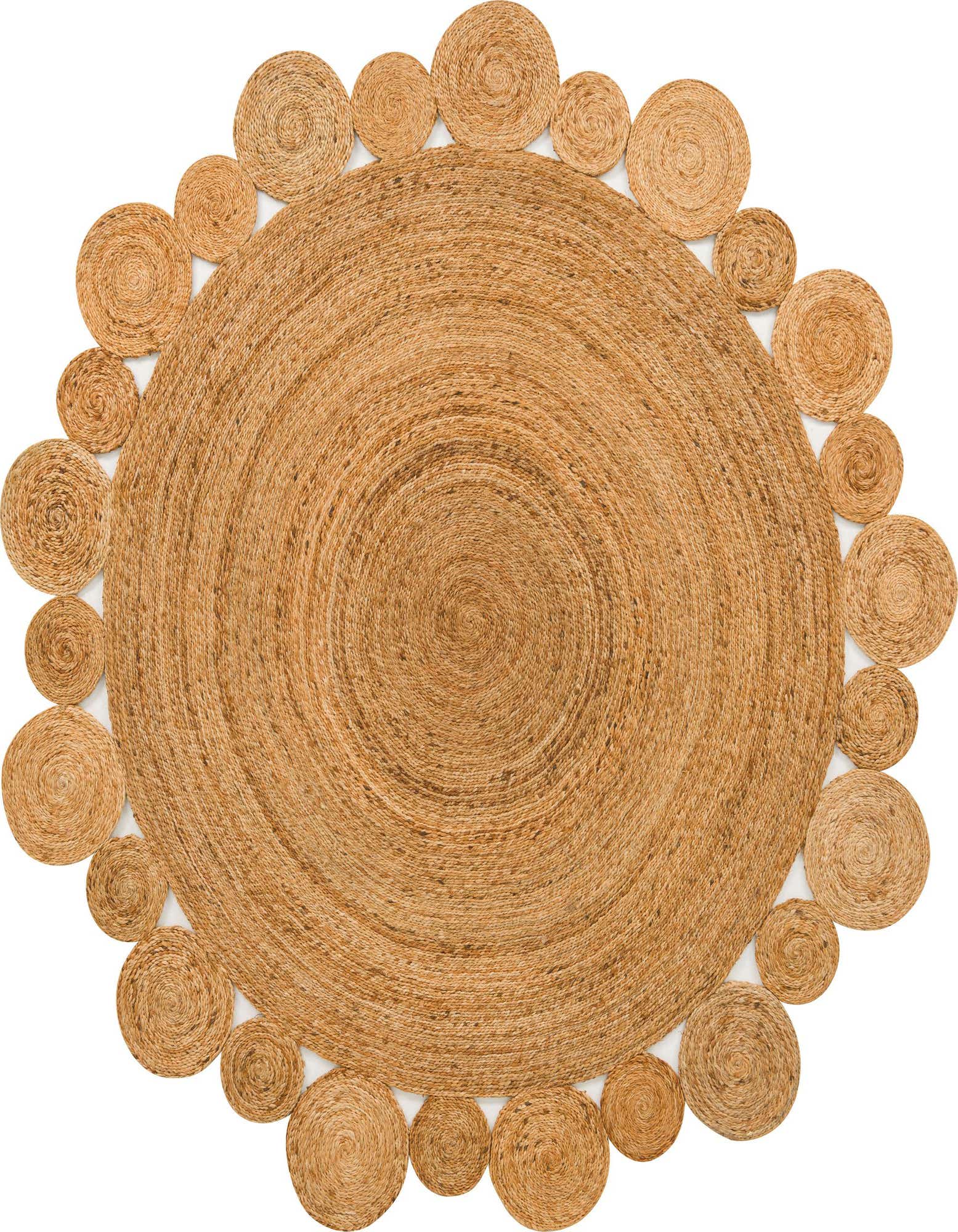 A large round natural jute rug with a braided texture and a scalloped edge made of smaller woven circles.