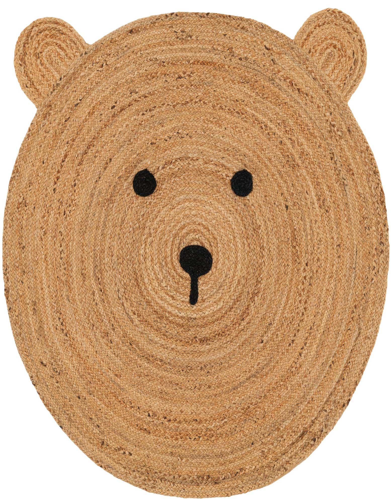 A round, braided jute rug in natural brown and tan, shaped like a bear's head with black eyes and nose, perfect for a child's room.