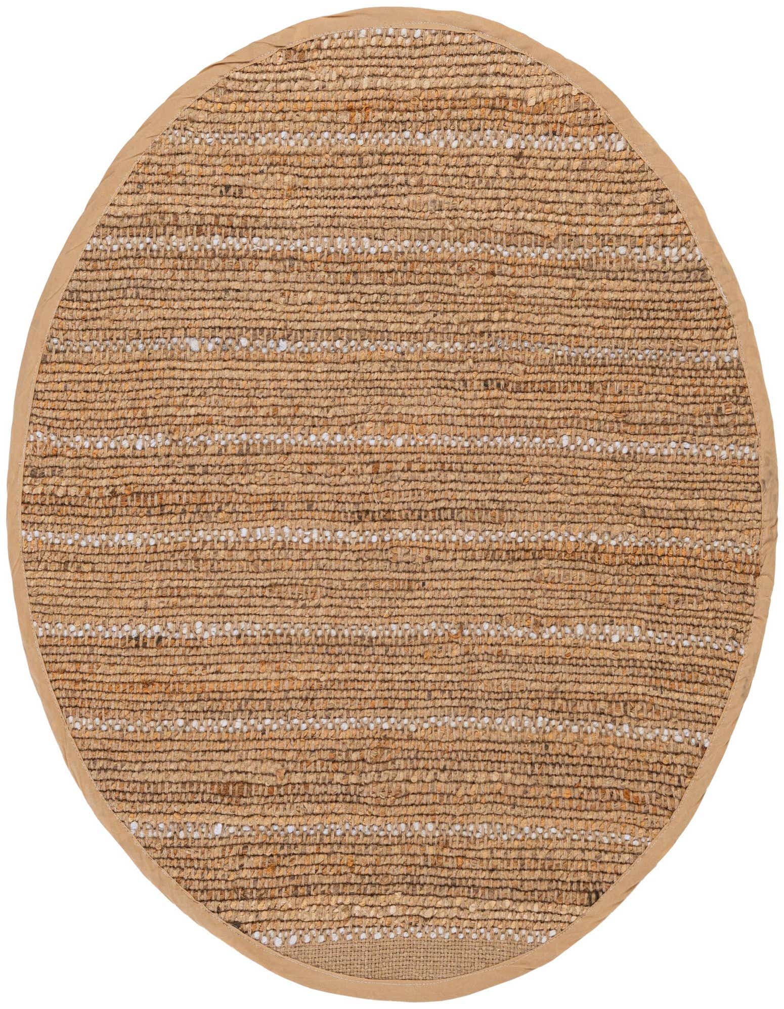 A round 3' 1" brown and ivory jute rug with horizontal stripes and a tan border, showcasing its natural texture.