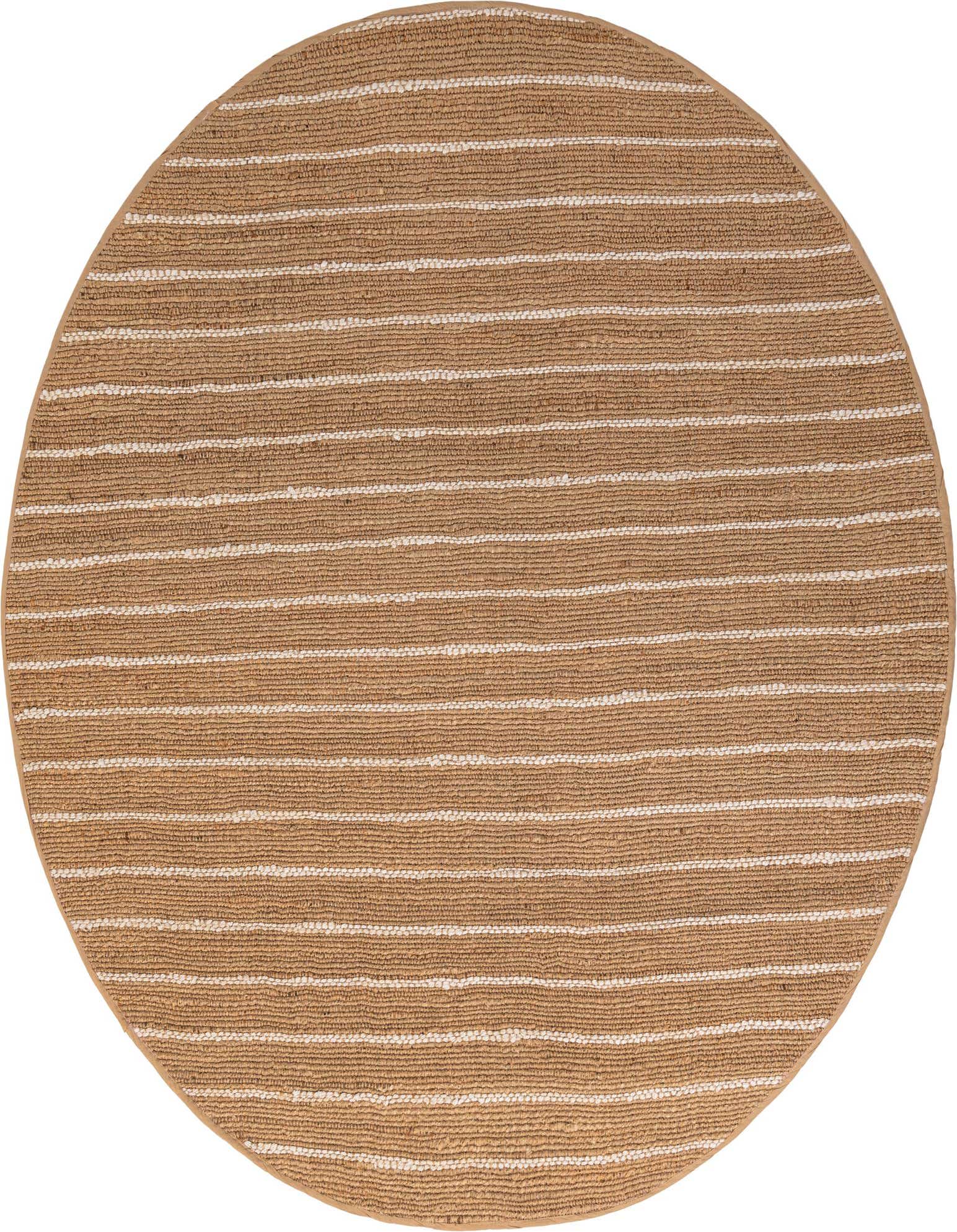 A 7' 10 round Laurel Handwoven Jute rug by Rugs.com, featuring natural brown jute with thin ivory stripes, showcasing its textured, flatweave design.