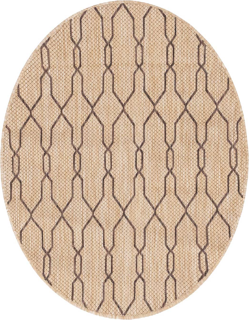 A 4' round brown and tan flatweave rug with a repeating geometric lattice pattern, suitable for indoor or outdoor use.
