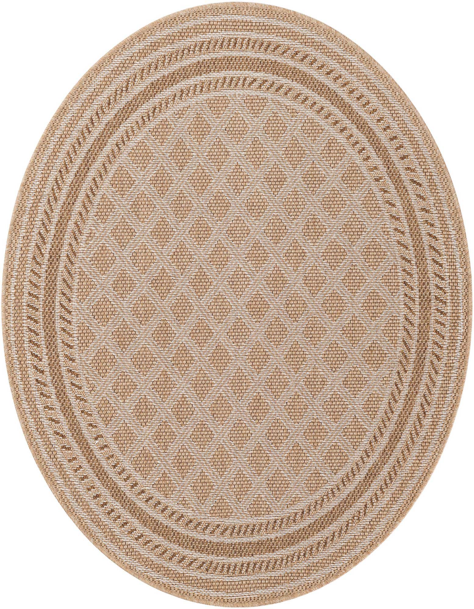 A 5' 1 round brown and ivory modern lattice rug with a textured border, suitable for indoor or outdoor use.
