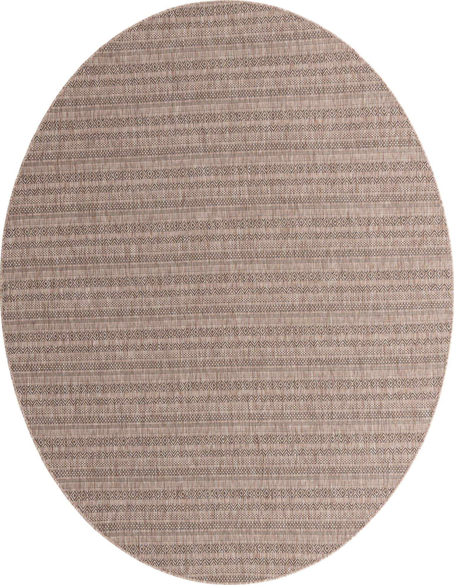 A 10-foot round brown and tan flatweave rug with a subtle tribal striped pattern, suitable for indoor or outdoor use.