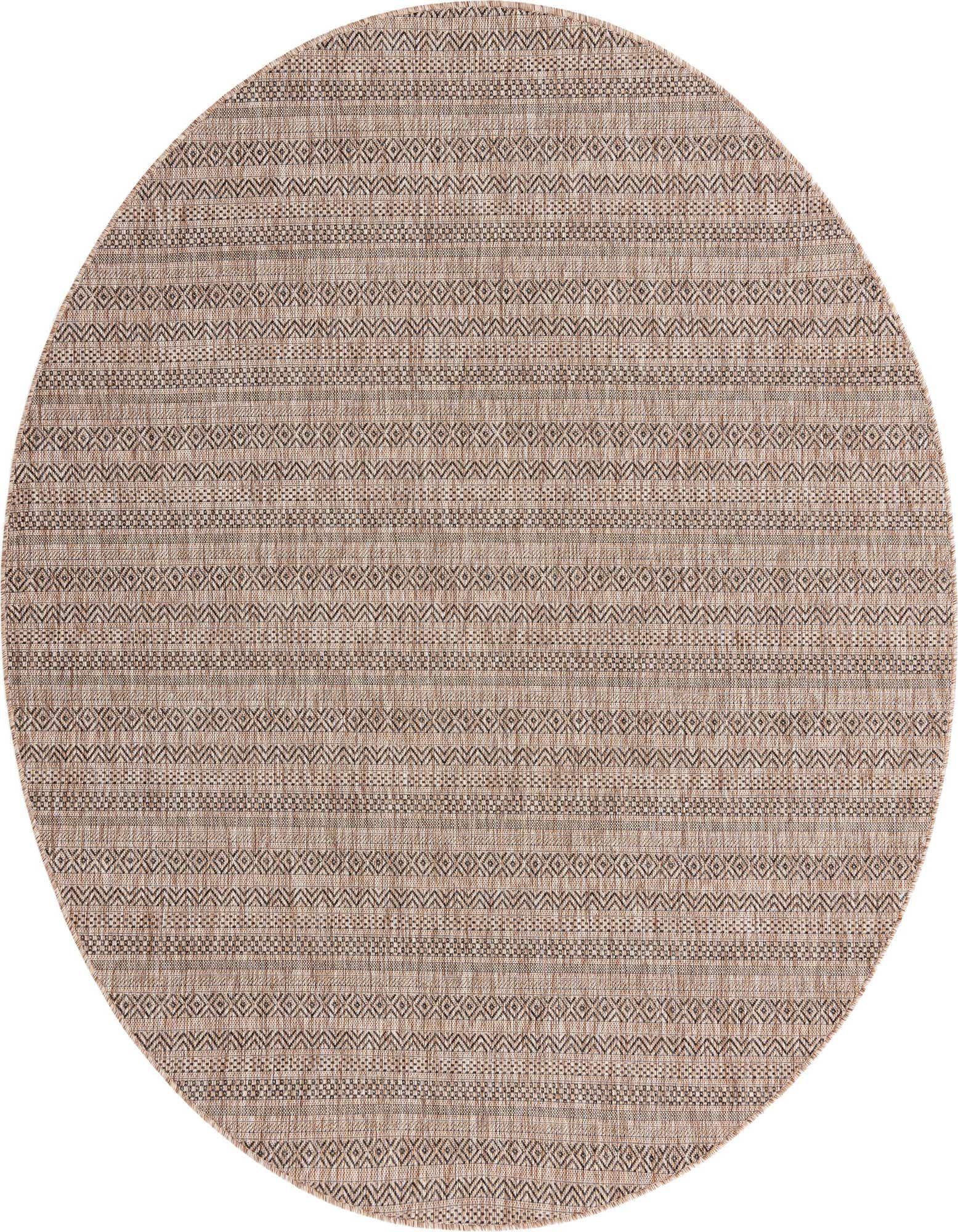 A round 7' 10 x 7' 10 indoor/outdoor rug with a tribal pattern in browns, tans, and ivories.