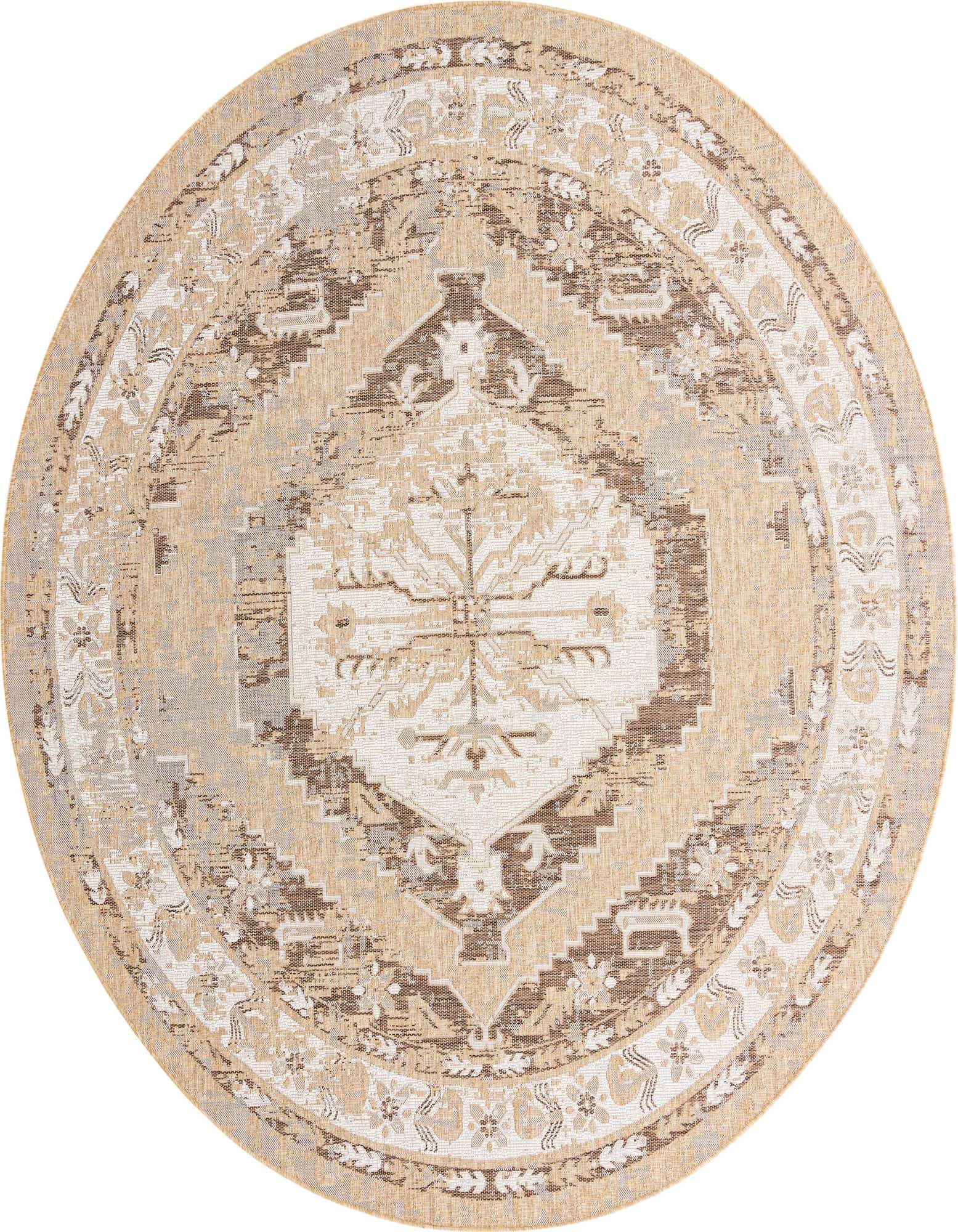 A 10-foot round Southwestern rug with a distressed traditional pattern in shades of brown, tan, and ivory.