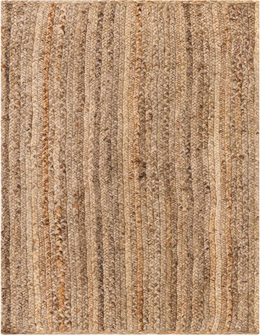 A close-up view of a 6 ft natural jute runner rug, featuring a braided texture in varying shades of brown and tan.