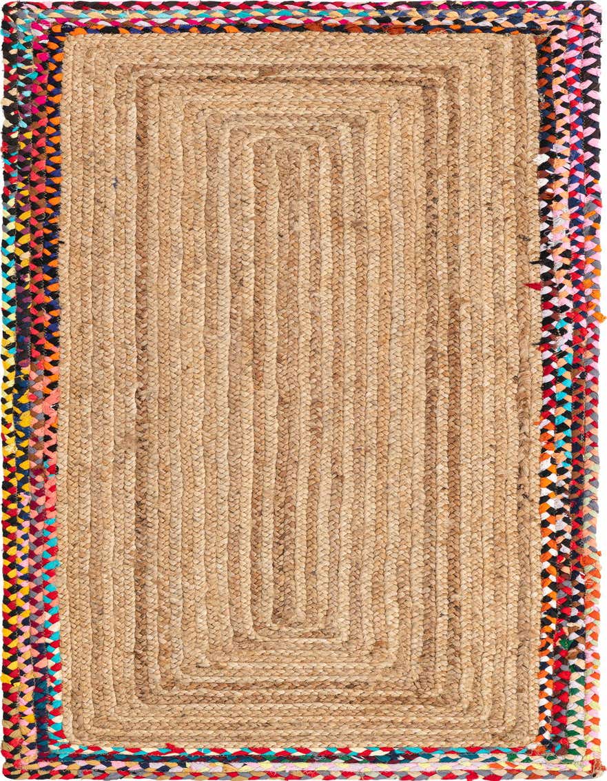 A 6 ft runner rug featuring a natural braided jute center with a vibrant, multicolored braided cotton border.