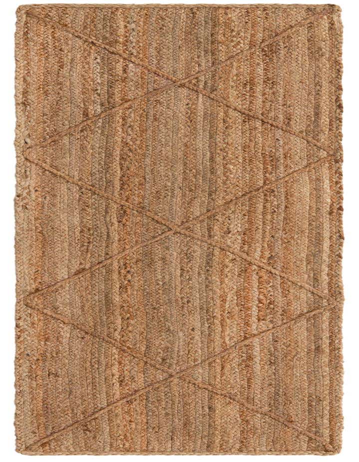 A 6 ft runner rug made of braided jute in natural brown and tan tones, featuring a textured diamond pattern.