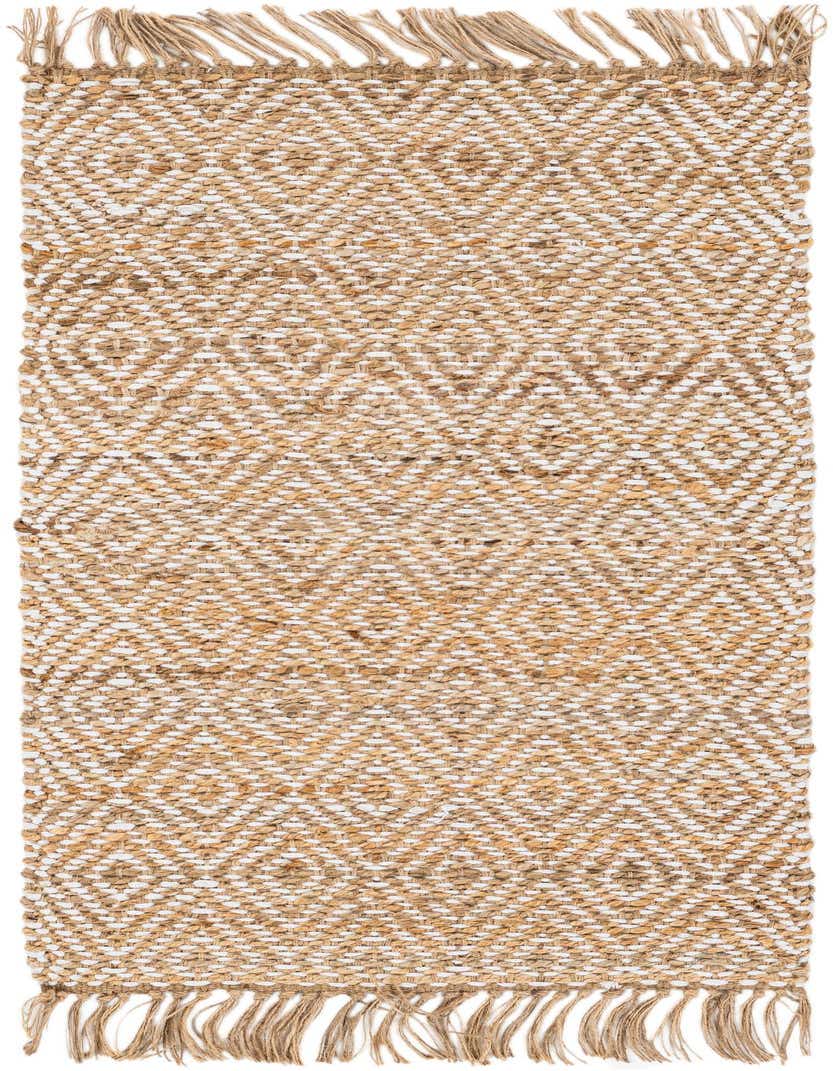 A 4 ft runner rug featuring a natural brown jute and ivory cotton braided diamond pattern with fringed ends.