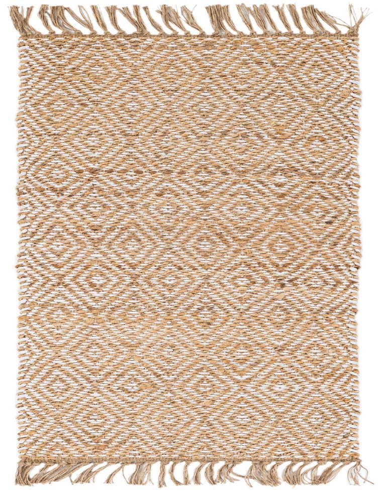 A 5 ft runner rug with a natural braided jute and ivory cotton diamond pattern, featuring fringed ends.
