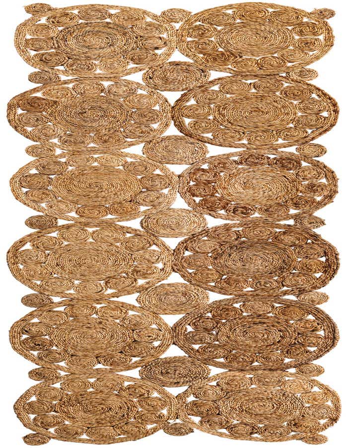 A 6 ft natural jute runner rug with a unique abstract pattern of interconnected brown and tan braided circles.