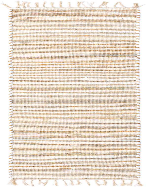 A 10 ft runner rug featuring alternating stripes of natural brown jute and ivory cotton, with braided edges and tasseled ends, perfect for a hallway.
