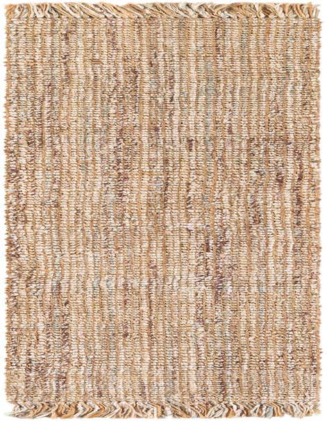 A close-up of an 8 ft runner rug with a chunky, textured weave in natural brown and cream jute with fringed ends.