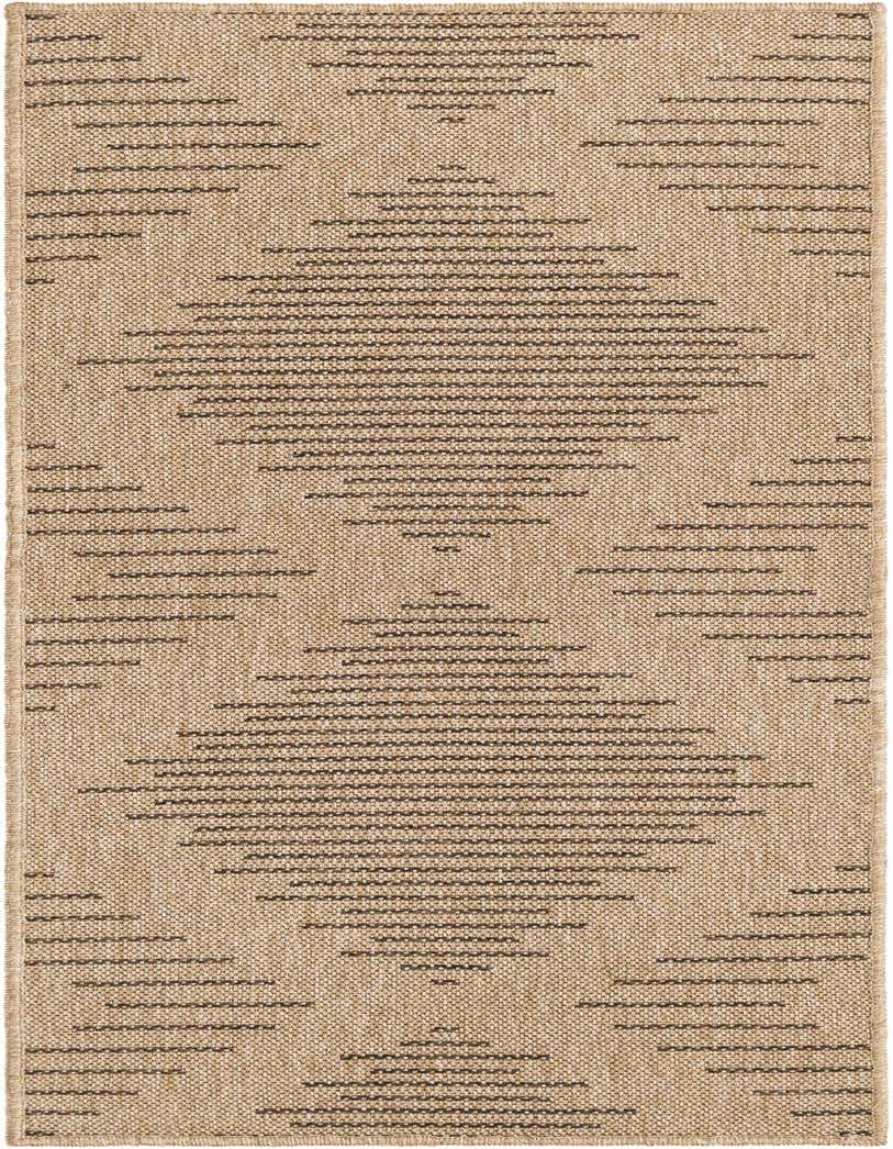 A 5 ft runner rug in a modern trellis pattern, featuring brown lines on a tan and ivory flatweave background, suitable for a hallway.