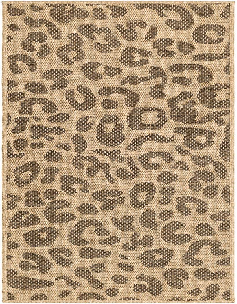 A 5 ft runner rug with a modern abstract leopard print pattern in shades of brown and tan, featuring a flatweave texture.