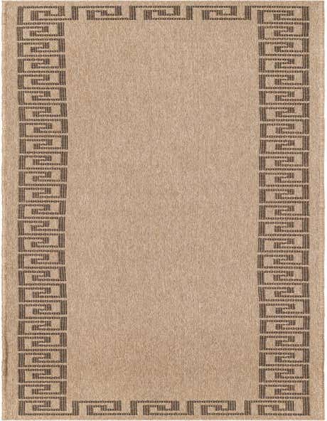 A 12 ft indoor runner rug in tan with a dark brown Greek key border, perfect for a hallway.