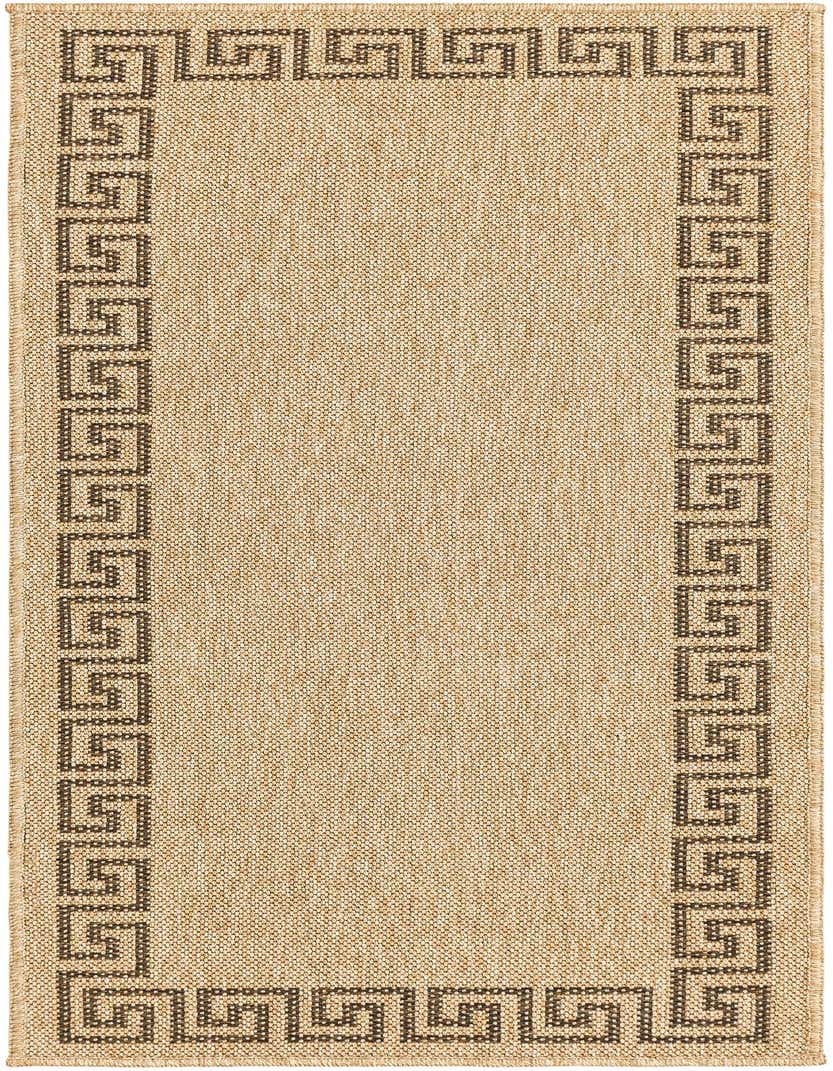 A 5 ft runner rug in tan with a dark brown tribal Greek key border, perfect for a hallway.